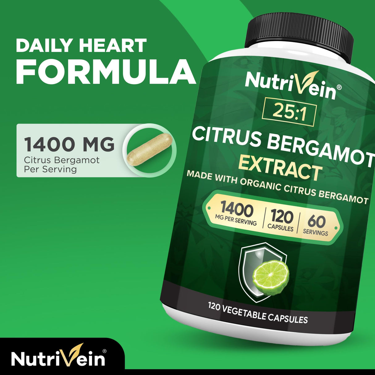 Nutrivein Premium Citrus Bergamot Supplement 1400mg 25:1 Bergamia Extract - 60 Day Supply (120 Capsules): Powerful Italian Citrus Bergamot 1400 mg+ High Concentration - Heart and Circulatory System