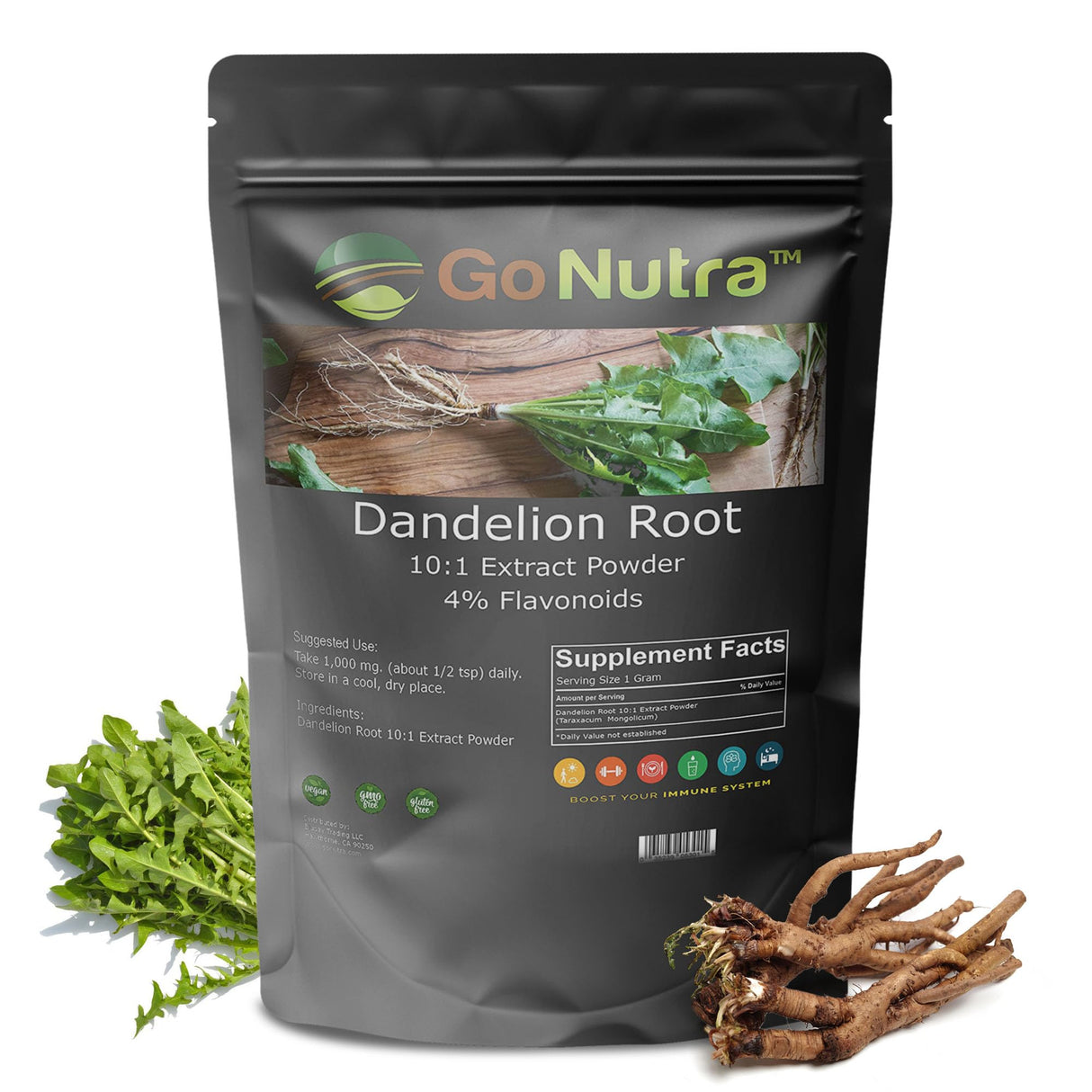 Go Nutra - Dandelion Root Powder, Potent 10:1 Dandelion Root Extract with 4% Flavonoids, Pure and Clean Dandelion Root Powder for Tea, Coffee, Milk, Yogurt, and More, Non-GMO, Vegan-Friendly, 1lb