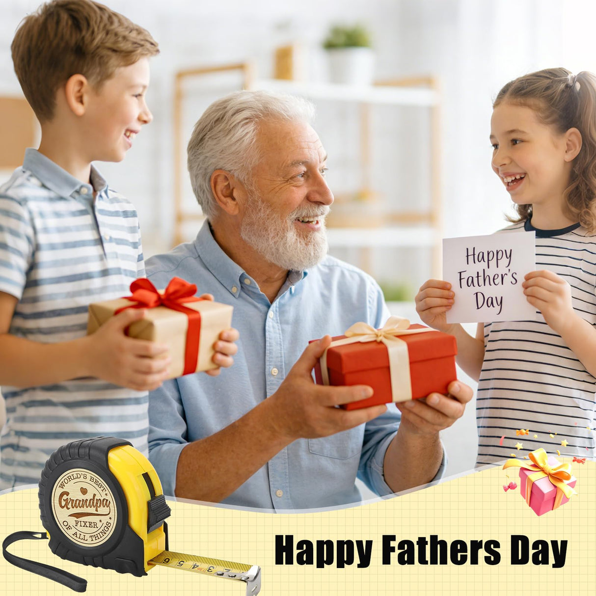 YUEYUQIU Fathers Day Grandpa Gifts from Granddaughter Grandson - Ideal Father's Day Birthday Grandparents Day Gifts for Grandpa Grandfather from Grandkids - Funny Engraved Tape Measure 25 FT Ideas