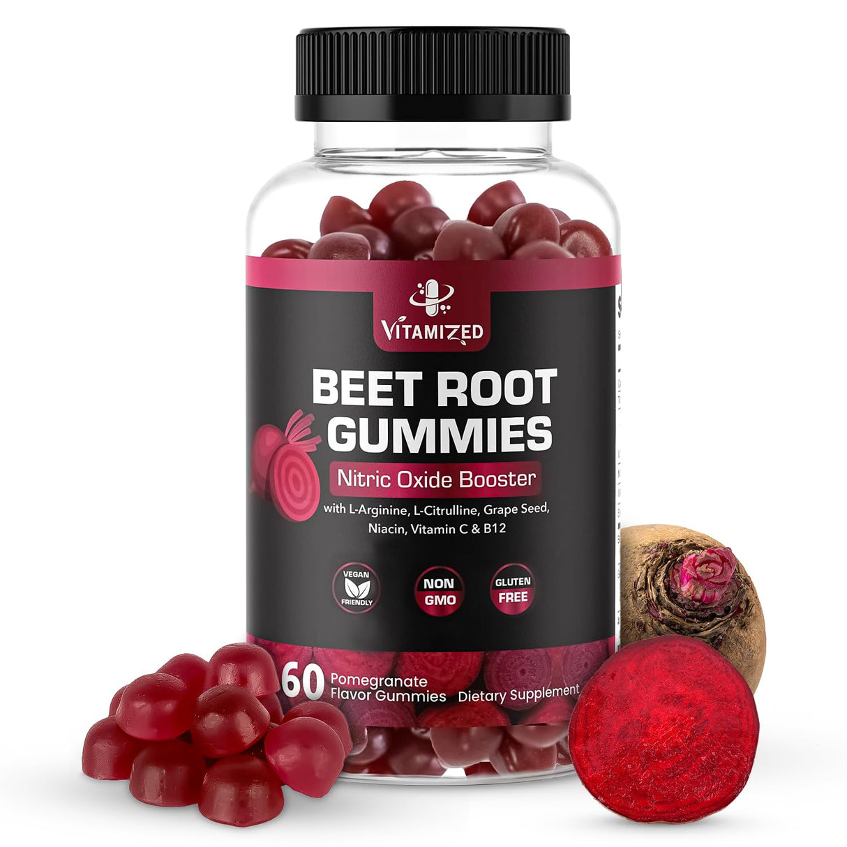 VITAMIZED Beet Root Gummies - Super Nitric Oxide Beets Supplement - Red Beetroot Heart Chews with Grape Seed Power & B12- Pomegranate Flavor, 60 Chewables Beets
