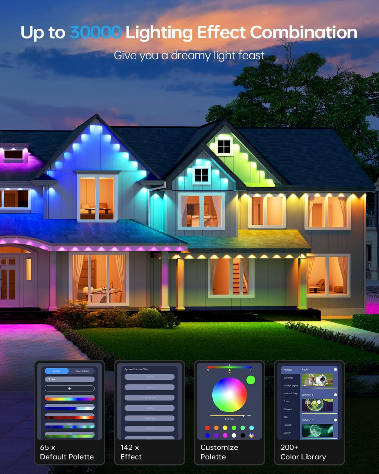 ASAHOM Permanent Outdoor Light Pro S108B, 100FT with 72 RGBCW 70lm LED, WLED Integration, AI Lighting, 30000 Lighting Effect Combination, IP67 Waterproof for Halloween Christmas and Daily Decor, White