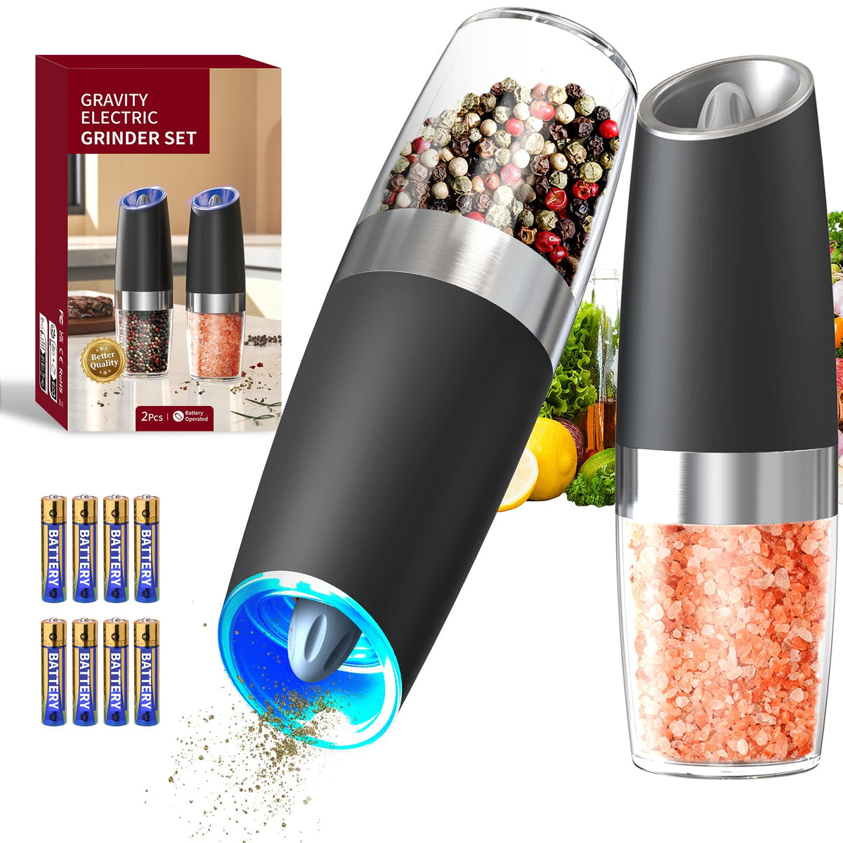CIRCLE JOY Gravity Electric Salt and Pepper Grinder Set Automatic Salt and Pepper Grinder Set with LED Light, Battery Operated, Adjustable Coarseness, Large Capacity, for Home Kitchen BBQ, Black
