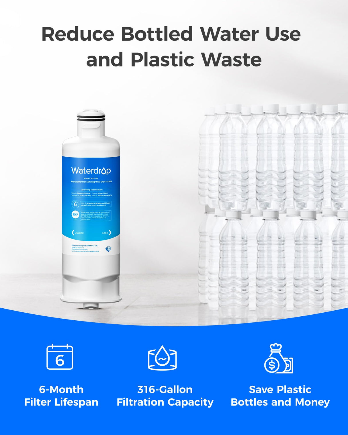 Waterdrop DA97-17376B Replacement for Samsung® HAF-QIN/EXP, DA97-08006C, RF28R7201SR, RF28R7351SG, WD-F45, Refrigerator Water Filter, 3 Filters