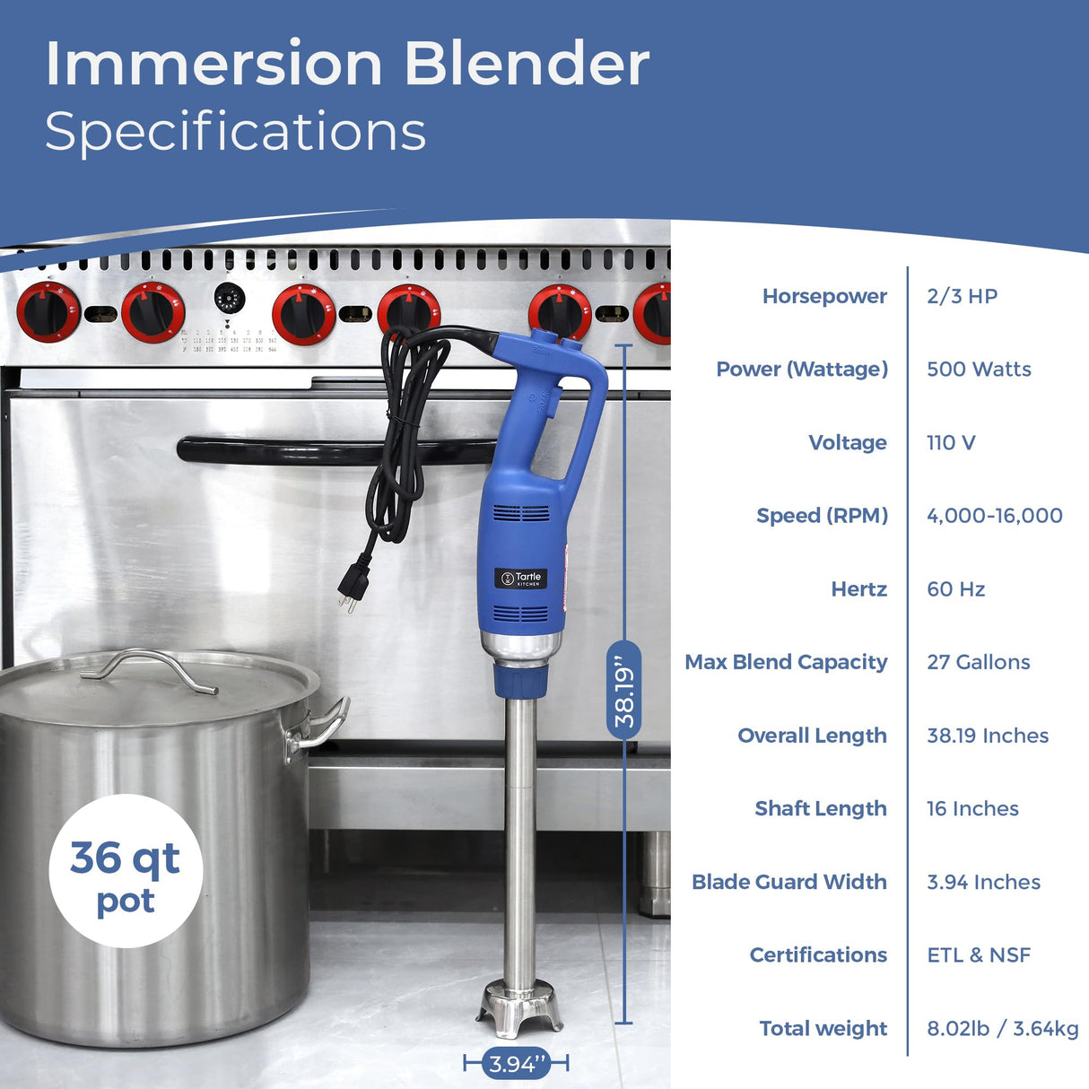 TK Commercial Immersion Blender, 500 Watt/.5 HP Variable Speed Motor, 16,000 RPM Heavy Duty with Performance Assurance - 16"
