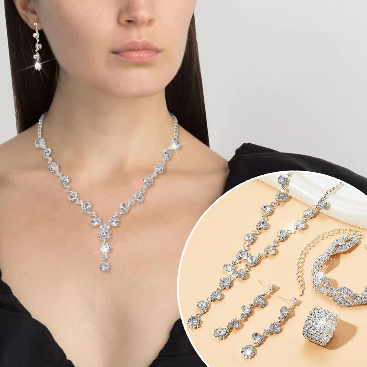 MEDOJO 10Pcs Silvery Rhinestone Jewelry Set for Women Bride Wedding Prom Jewelry Evening Rhinestone Sparkly Clutch Purse Bag Necklace Tennise Layered Bracelets CZ Ring Crystal Drop Earring Set