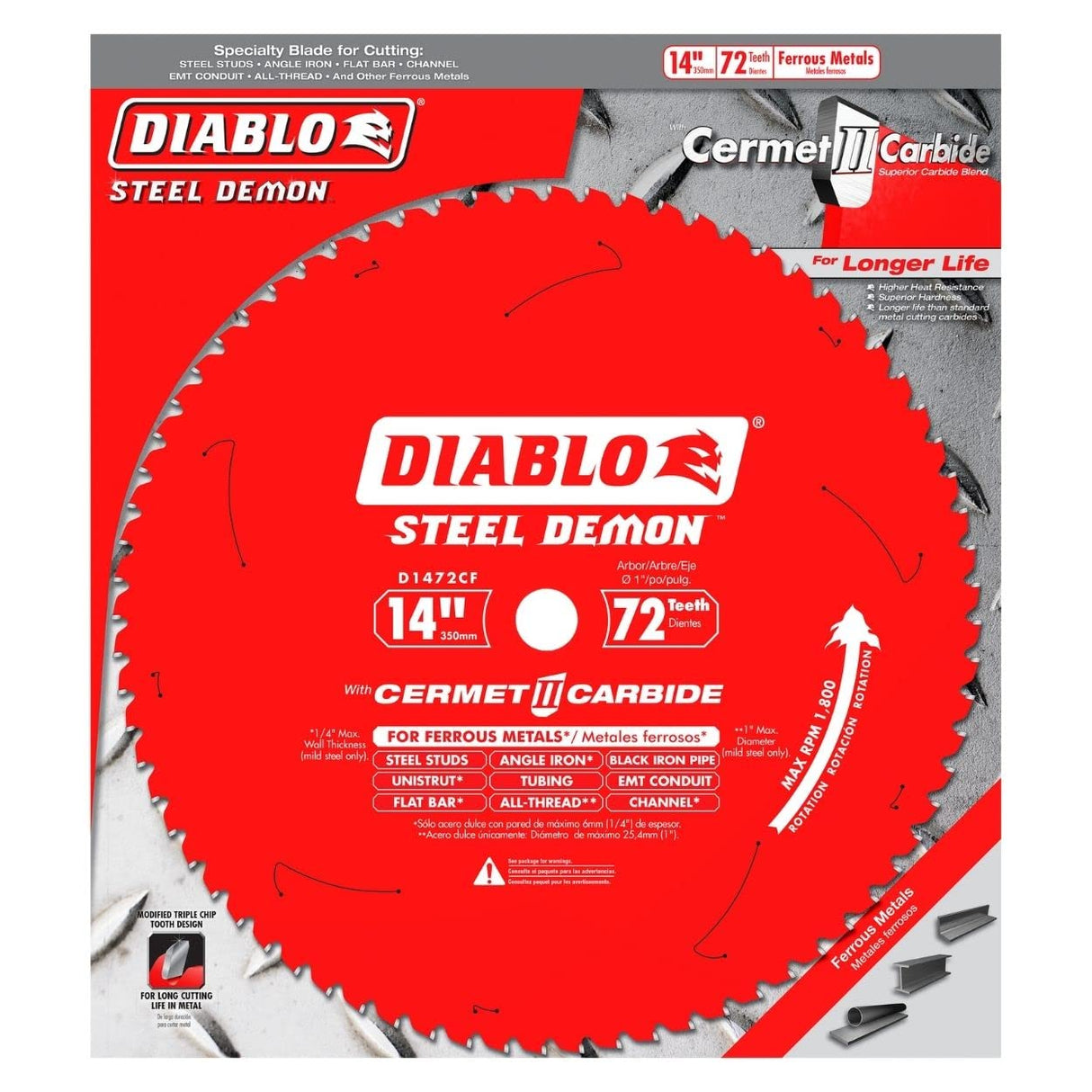 Diablo Steel Demon Cermet II Saw Blade for Medium Metal - Triple Chip Cutting Action - 14" x 72-Teeth, 1800 Max RPM - D1472CF