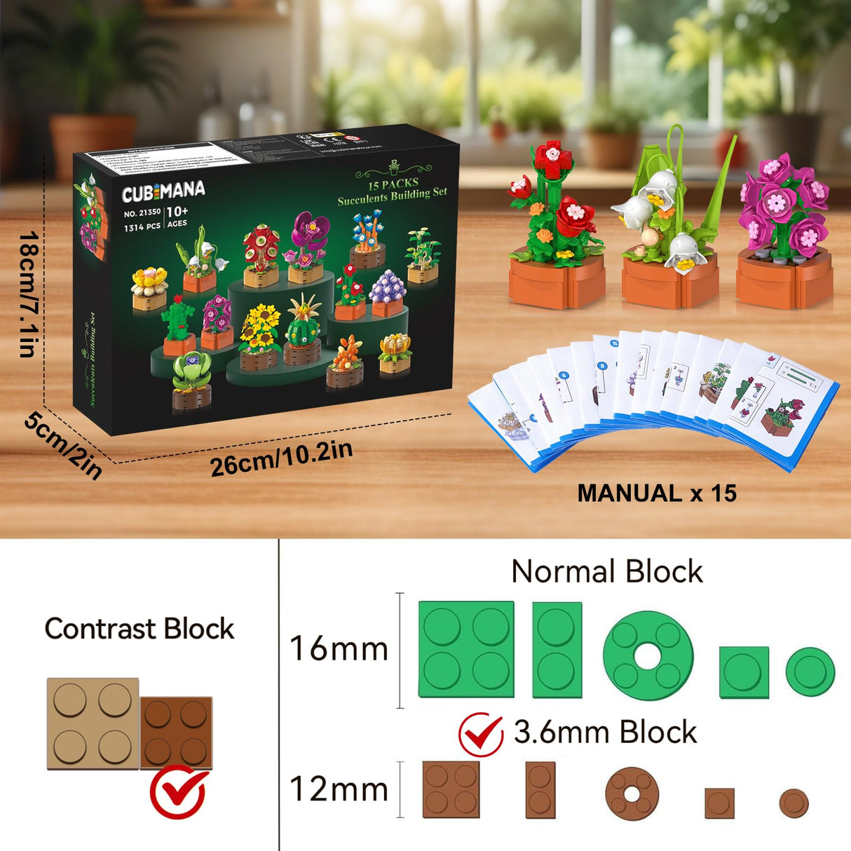 15 Pack Flowers Plants 3.6MM Mini Building Sets - 1314PCS Flower Succulents Botanical Collection for Home Office Décor Block Toy, Party Favors for Christmas Mother's Day Birthday Adults Kids Girls 10+