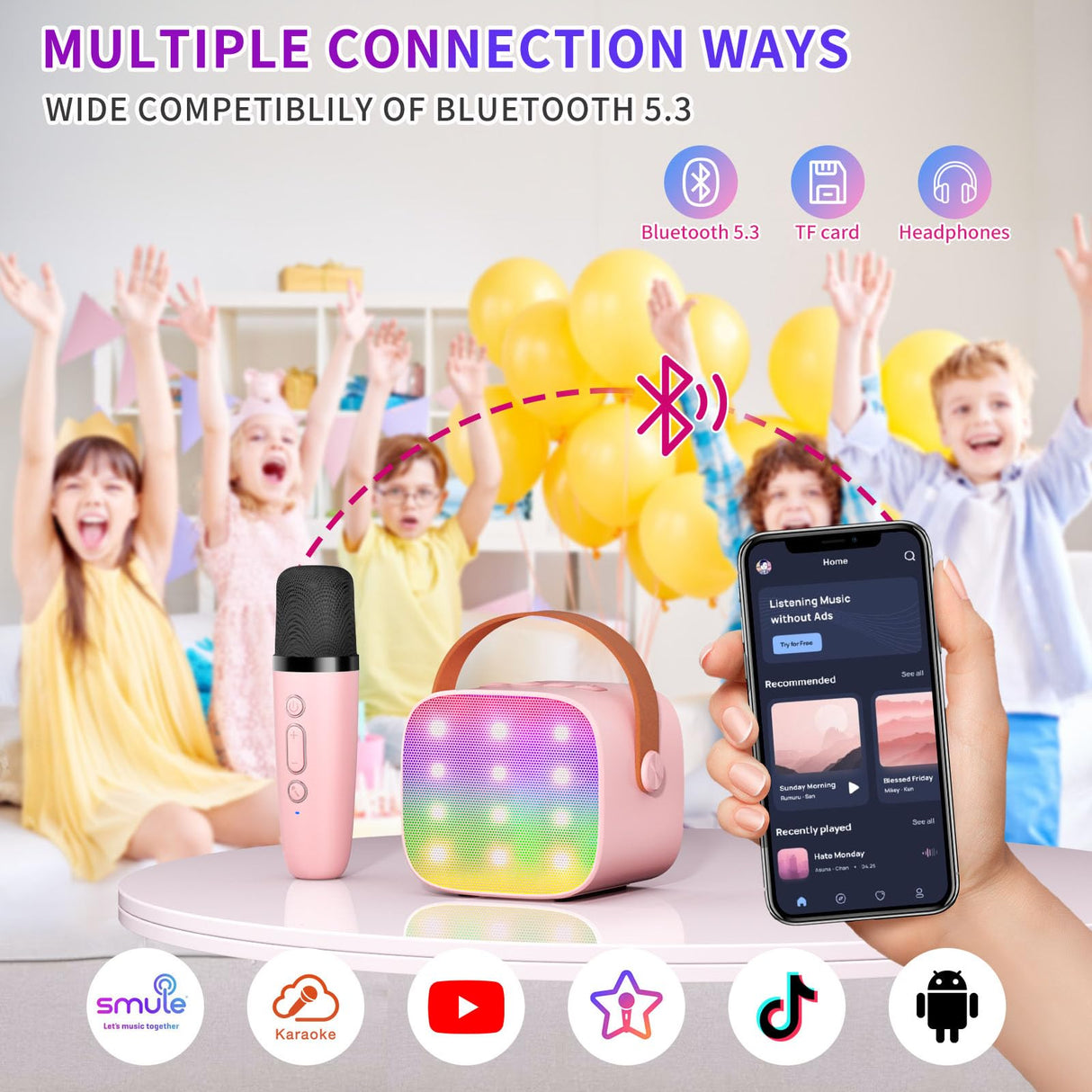 Mini Karaoke Machine Kids Microphone, Haomuren Portable Bluetooth Karaoke Speaker with 2 Wireless Microphones and LED Lights, Christmas Birthday Party Gifts for Kids & Adults