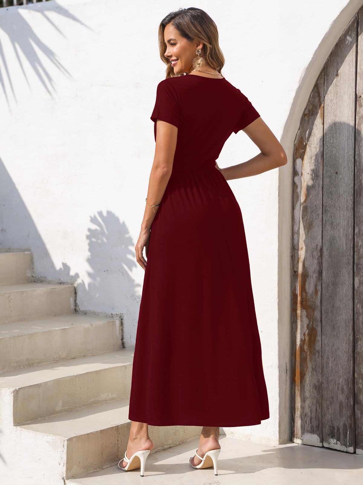 Gracyoga Womens Summer Wrap Christmas Dresses Fall Midi Smocked Swing Wine Red Dress Empire Waist Vintage V Neck High Waist Casual Long Sundress Dinner Outfit L