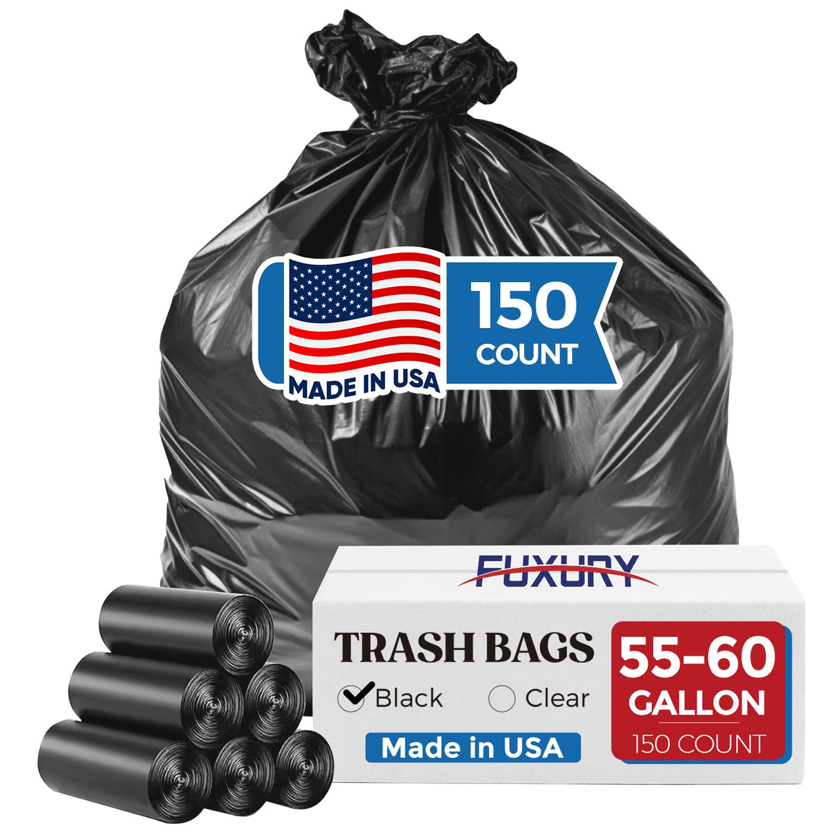 Fuxury 55-60 Gallon Trash Bags 150 Count Black Garbage Bags, 40x54" Extra Large Trash Can Liners, 0.7 Mil Plastic Bags for Serious Garbage Cleanup Home, Yard & Commercial Use, Made in USA