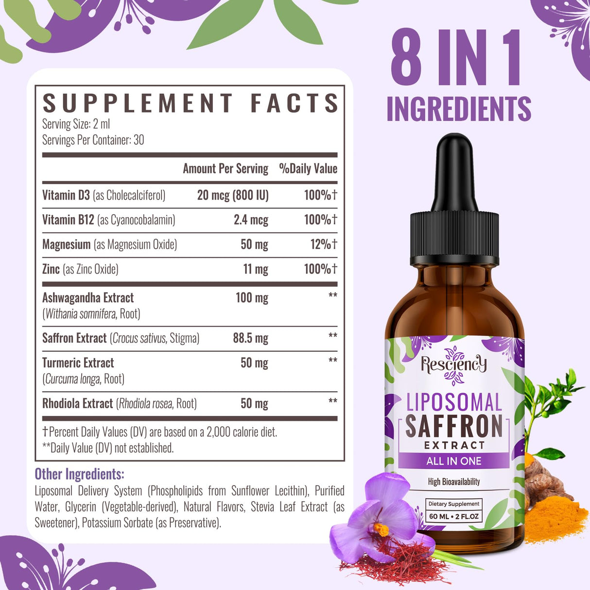 Saffron Supplements - 88.5 mg Saffron Extract Better Bioavailability Liposomal Drops for Mood, Energy, Vision & Focus with Ashwagandha, Turmeric, Magnesium, Zinc, Vitamin B12 & D3, 60 ml, 30 Servings