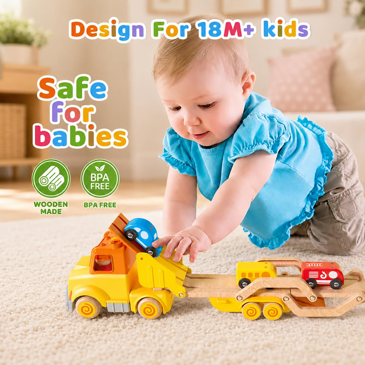 Toddler Car Toys for 2 3 4 5 Years Old Kids, Transport Carrier Truck Toy with 4 Wooden Vehicle, 24IN Foldable Track Trailer with Light & Sound Effects, Best Gift Choice for Christmas, Birthday