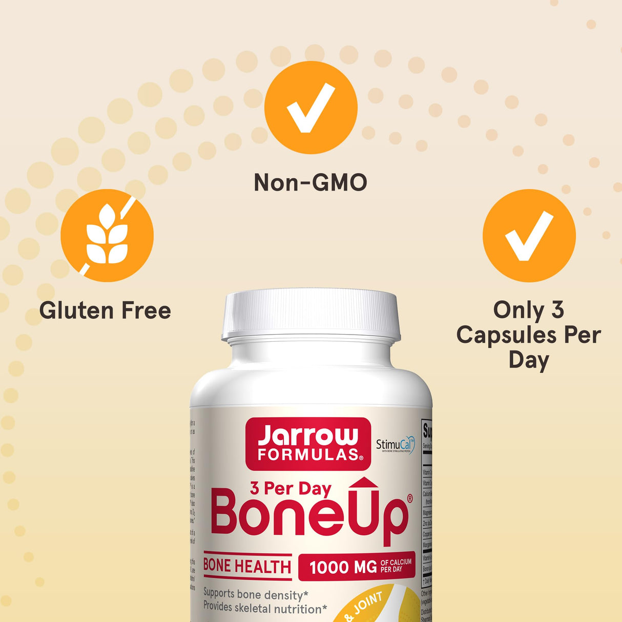 Jarrow Formulas BoneUp Three Per Day for Bone Density and Skeletal Nutrition, Includes Vitamin D3, K2 (as MK-7) and Calcium, 180 Capsules, 60 Day Supply