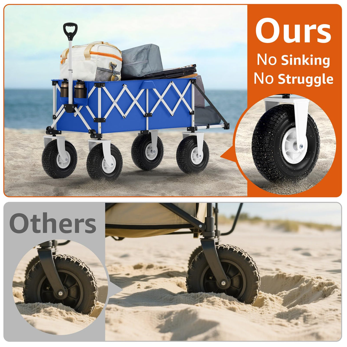 Blue Beach Wagon with Big Wheels for Sand - Heavy Duty 10" Wheel Collapsible Wagon Foldable Large Cart Folding All Terrain for Camping
