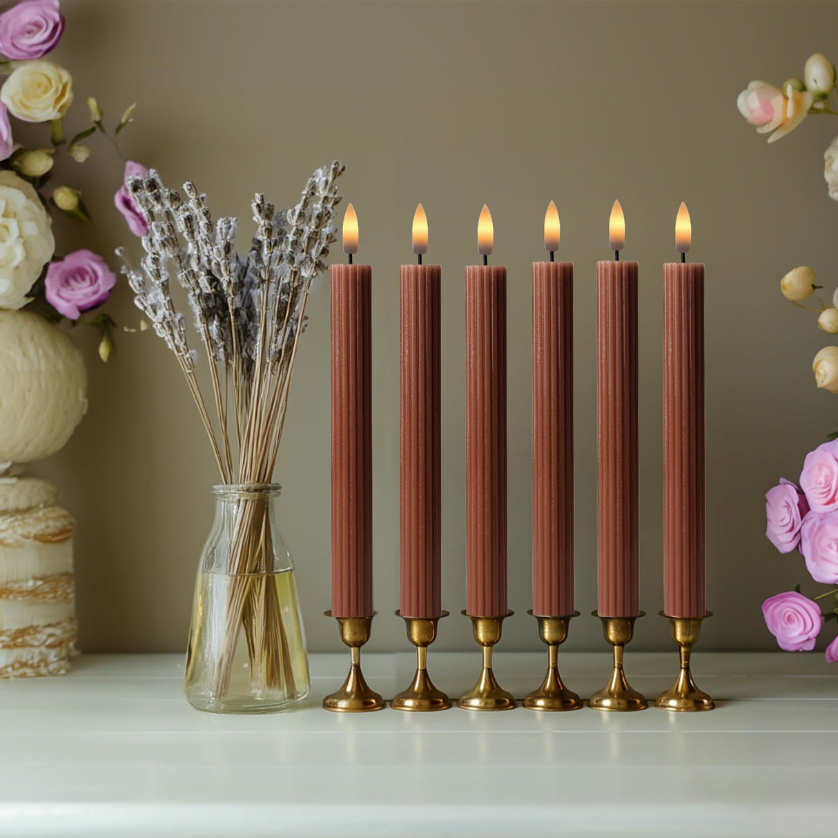 West Ivory 6 Pack, 10" LED Flameless Brown Tan Fluted Ribbed Grooved Taper Candles, Remote & 24h Timer Memory, On/Off Button, Dimmable, Flicker Mode, Battery Operated, Christmas Menorah Wedding