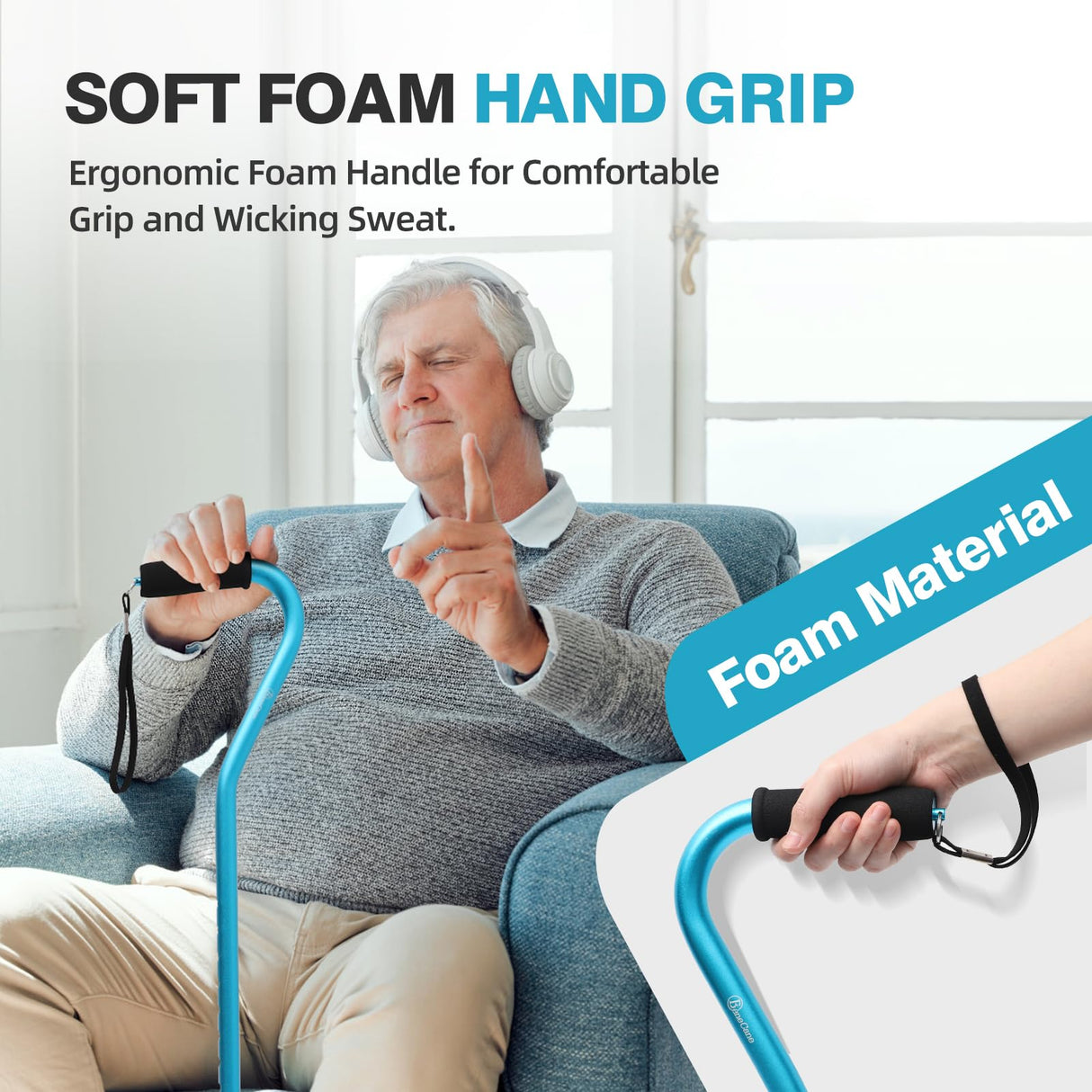 BeneCane Quad Cane Adjustable Walking Cane with Offset Soft Cushioned Handle for Men & Women Lightweight Comfortable with 4-Pronged feet for Extra Stability(Blue)