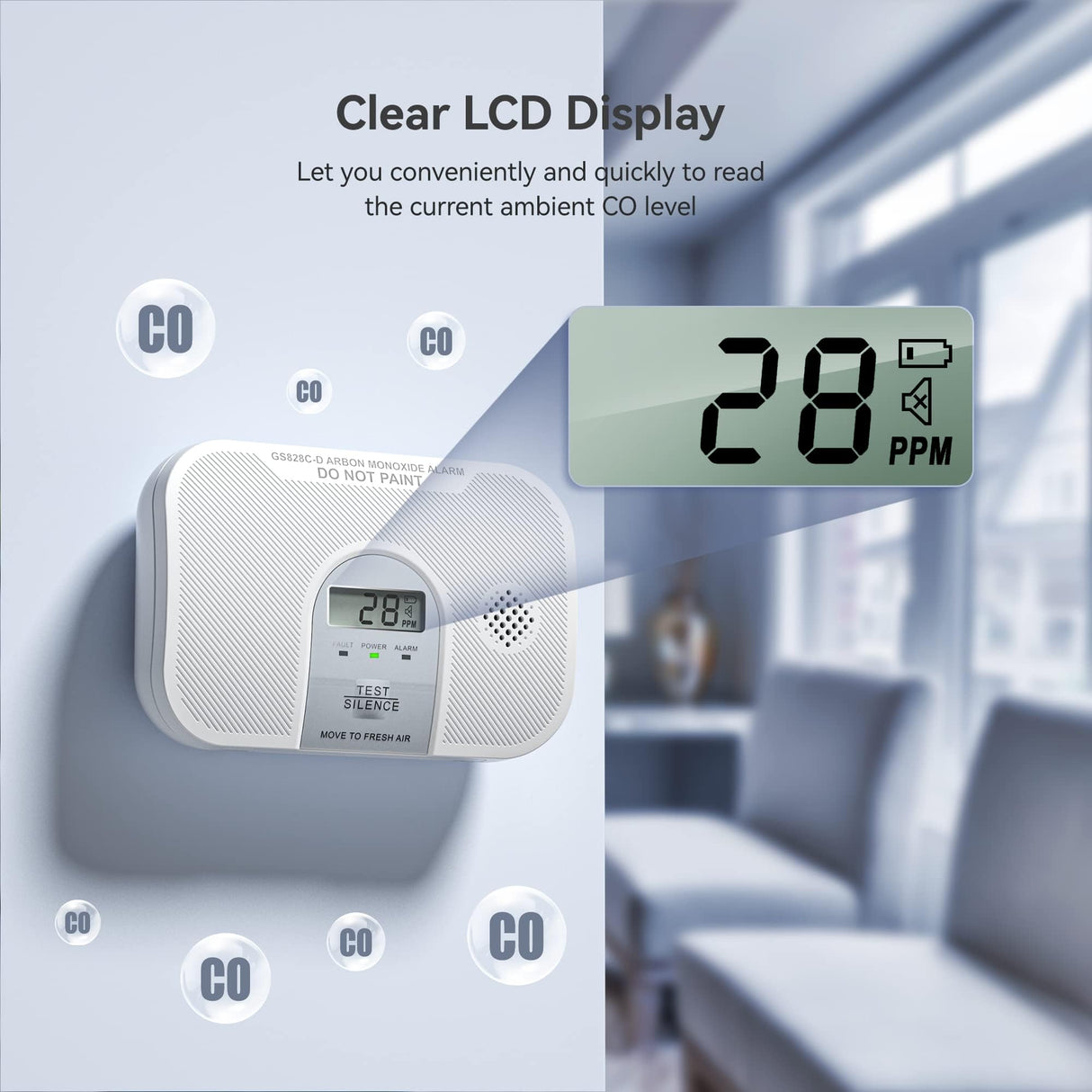 Siterlink Carbon Monoxide Detector, 10-Year Life Carbon Monoxide Alarm, Replaceable Battery CO Detector with LCD Digital Display and Test Button, 3 LED Lights CO Alarm for Home, GS828C-D, 4 Pack