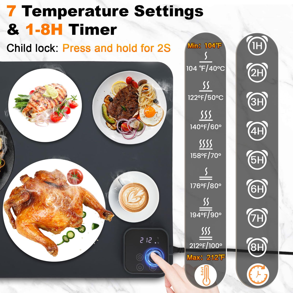 Mariocsa Warming Mat for Food, (XXXL 47"x15") Electric Food Warming Mat Tray, 450W Rapid Full Heating in 8s, 7 Adjustable Temp Settings & 1-8H Timer, Food Warmer Mat for Home, Buffets, Parties