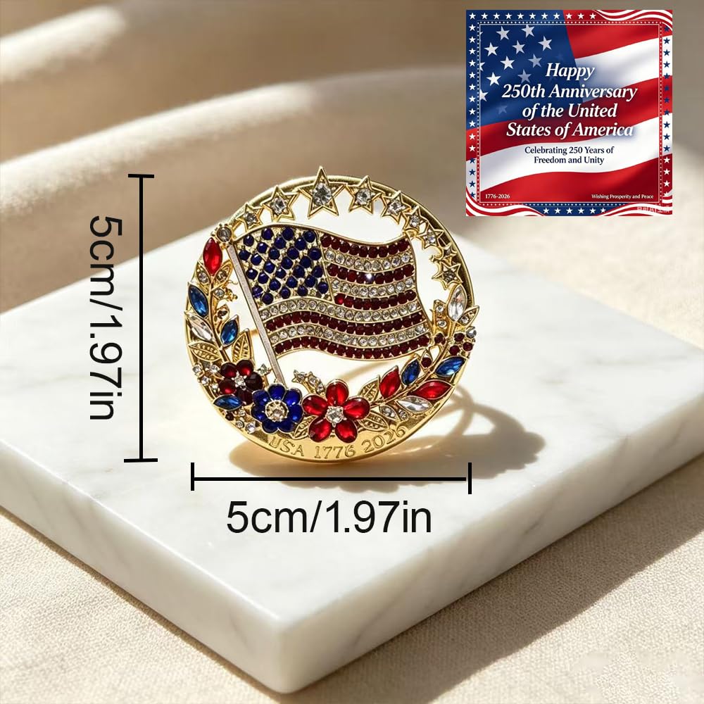 250th Anniversary Enamel Brooch Pin, 1776-2026 Patriotic Floral Star Badg American Birthday Rhinestone Flag Lapel Pin for Independence Day Veterans Souvenir Gift Jewelry (2PCS)