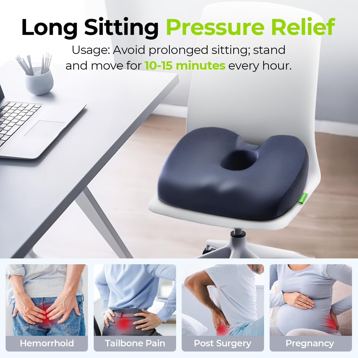 AUVON Innovative Donut Pillow Hemorrhoids Scientific Center Hole and Tailbone Cutout, Orthopedic Pain Relief Donut Seat Cushion for Coccyx, Sciatica, Postpartum Pregnancy, After Surgery Sitting Relief