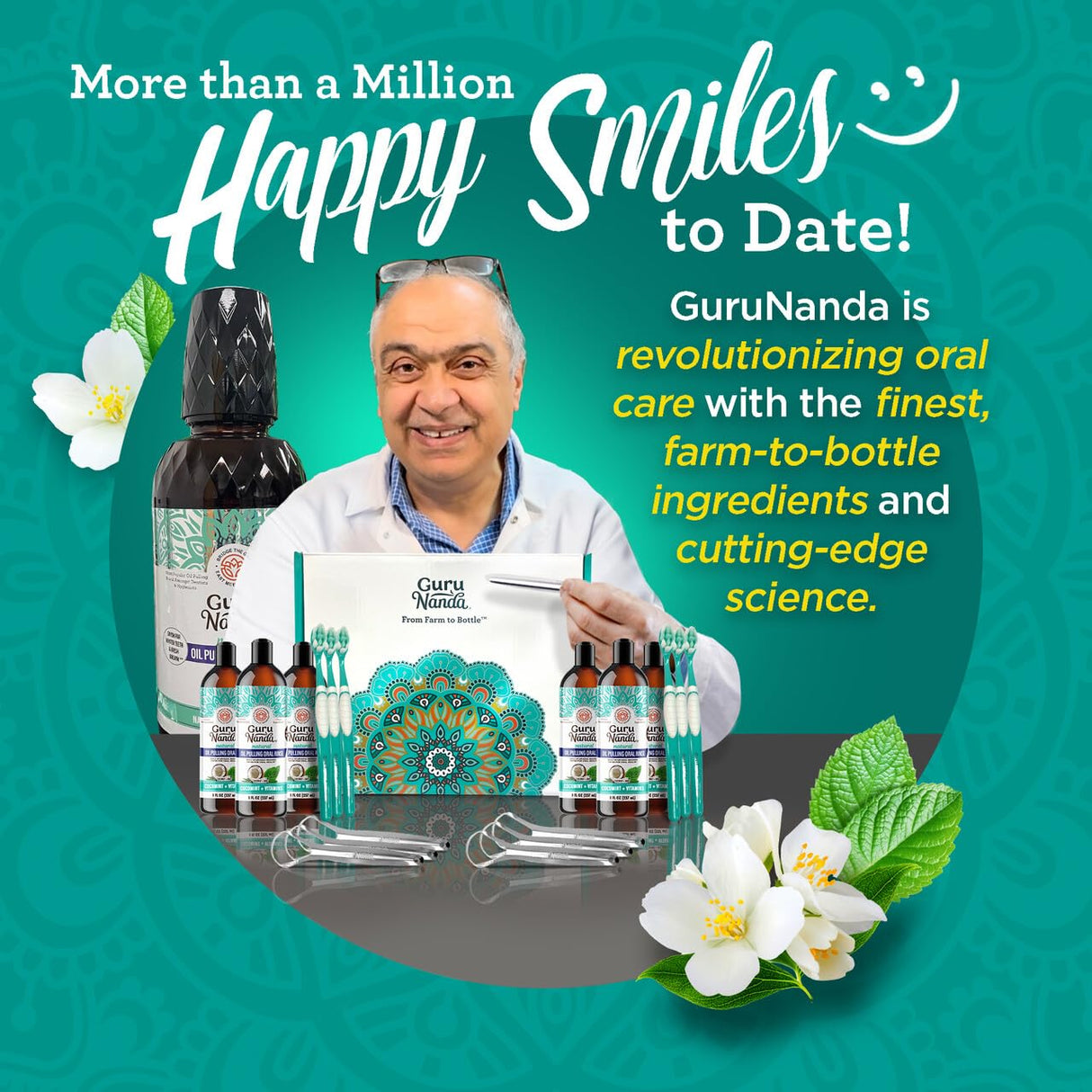 GuruNanda CocoMint Oil Pulling Mouthwash for Complete Oral Hygiene, 7 Essential Oils & Vitamins for Happy Teeth & Gums & Fresh Breath, Alcohol-Free, 6X8 oz