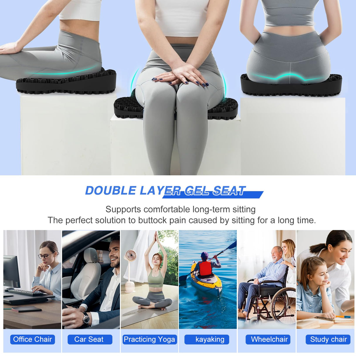 Airllantry Thicken 19.7in Seat Cushion, Gel Seat Cushion for Long Sitting–Office Chair, Wheelchair, Car Cushion, Large Cooling Pad for Back Pain, Sciatica, Tailbone Pain Relief