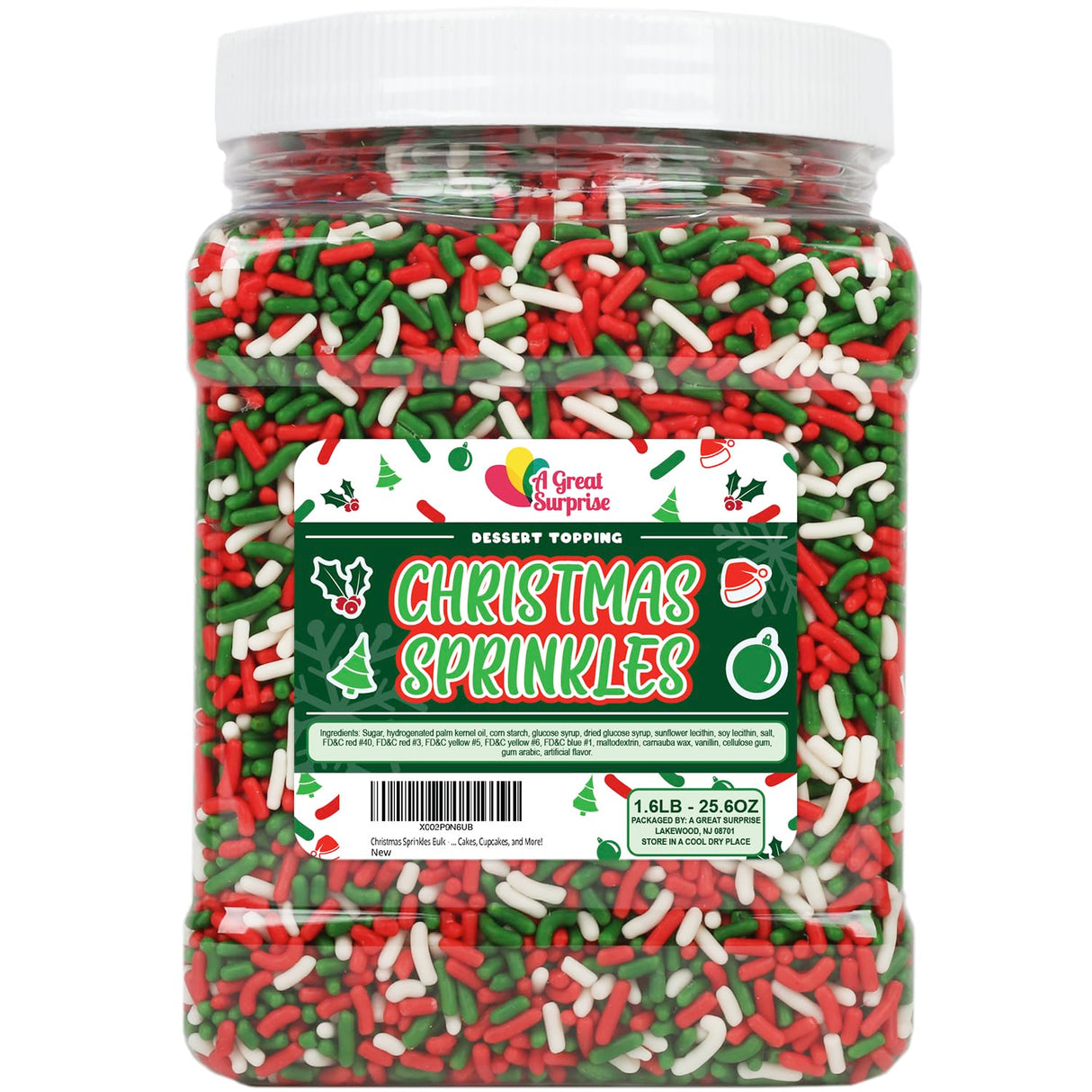 Christmas Sprinkles Bulk - 1.6 Pounds - Holiday Jimmies - Red White and Green Xmas Baking Toppings for Cookies, Cakes, Cupcakes, and More!