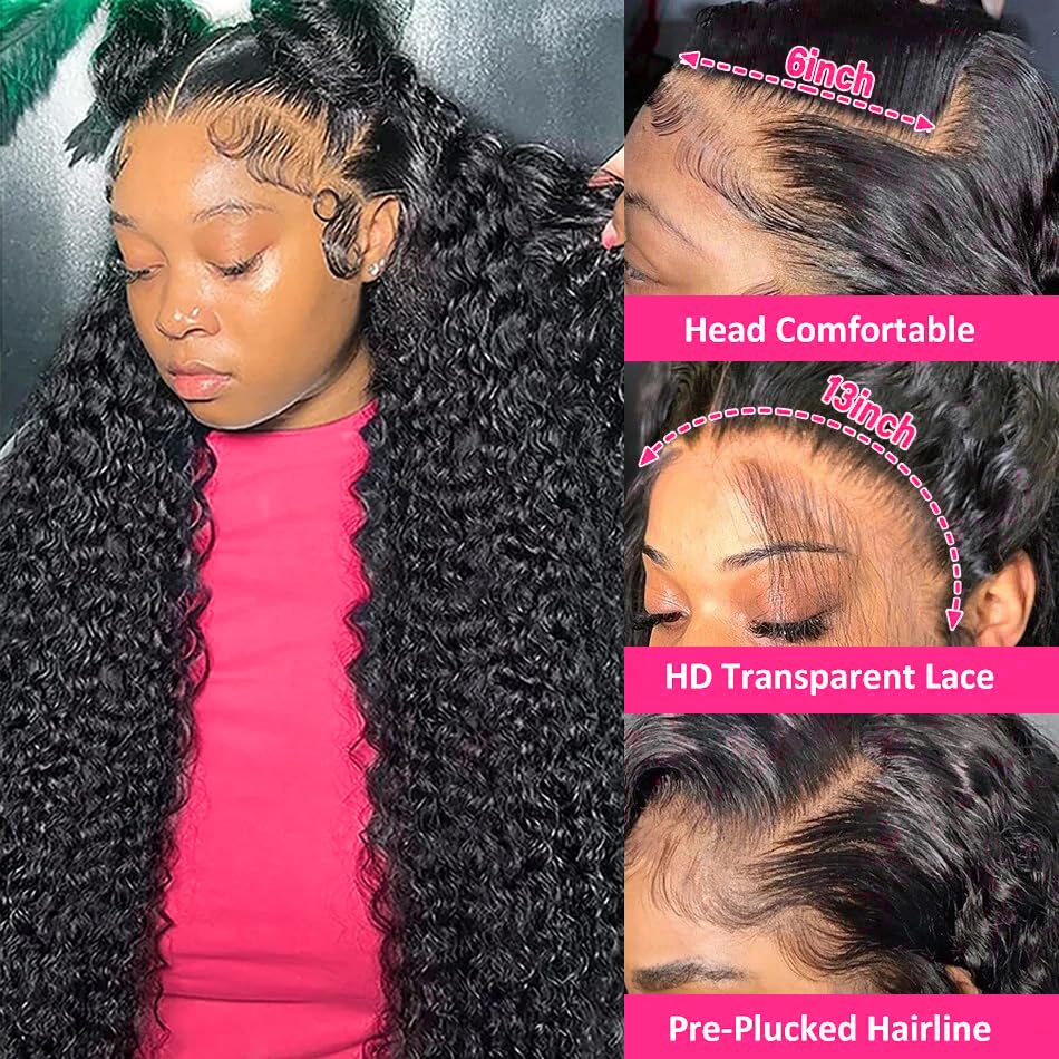GYAJEP 32 inch Deep Wave Lace Front Wigs Human Hair 13x6 HD Lace Front Wigs Human Hair Pre Plucked 200% Density Deep Wave Wig Human Hair with Baby Hair Natural Color
