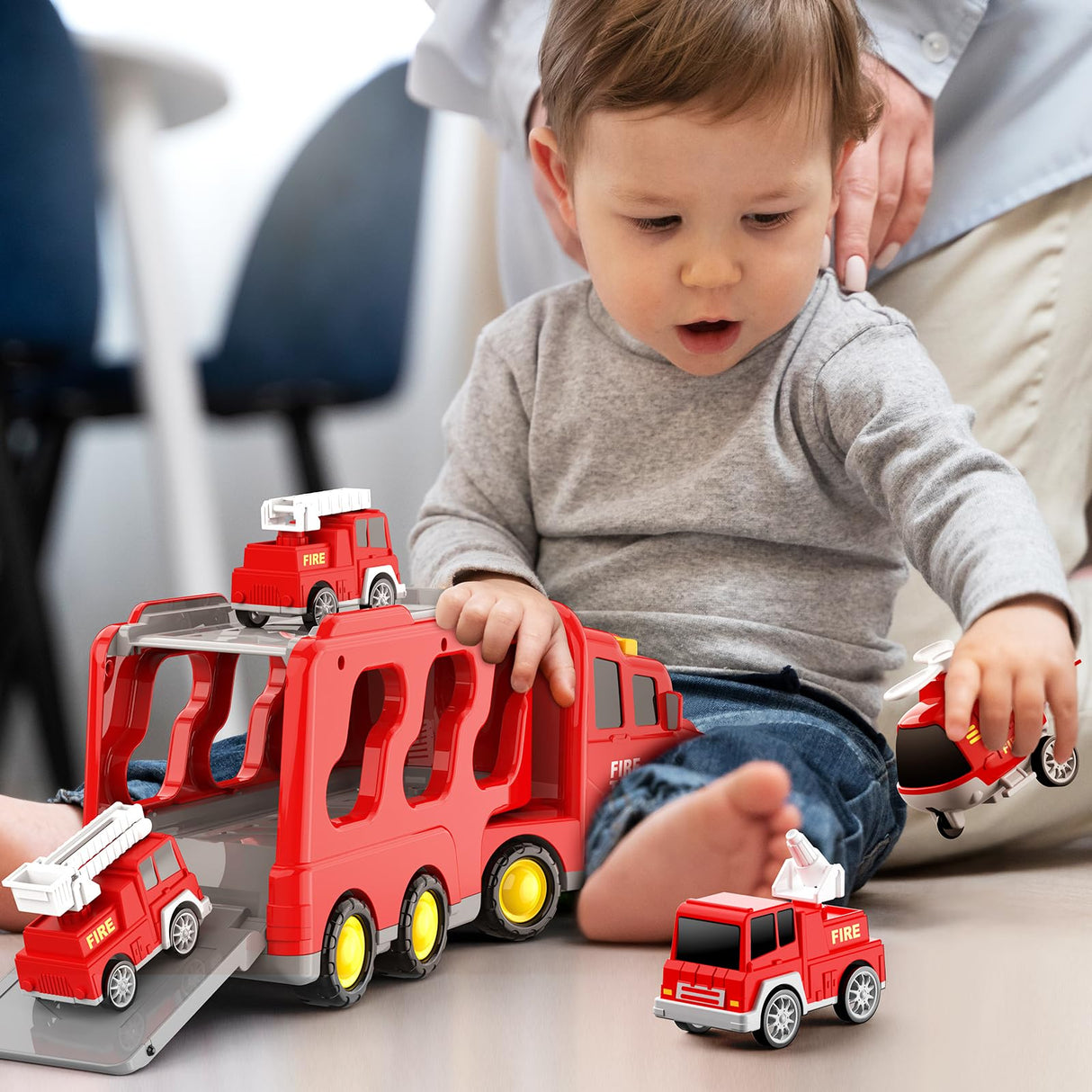 FunMission Toddlers Fire Truck for Kids 3-9 Year Old,5 in 1 Friction Power Vehicle Car for 3 4 5 6 7 Years Old Boys Girls,Carrier Truck Transport Toys for Christmas and Birthday Gifts