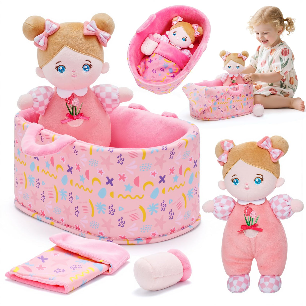 OUOZZZ 10" Soft Baby Doll Set with Plush Doll, Bassinet, Blanket and Bottle, Baby Doll Accessories Pretend Playset Emotional Social Doll for 2 Year Olds Girls Christmas Birthday Gift