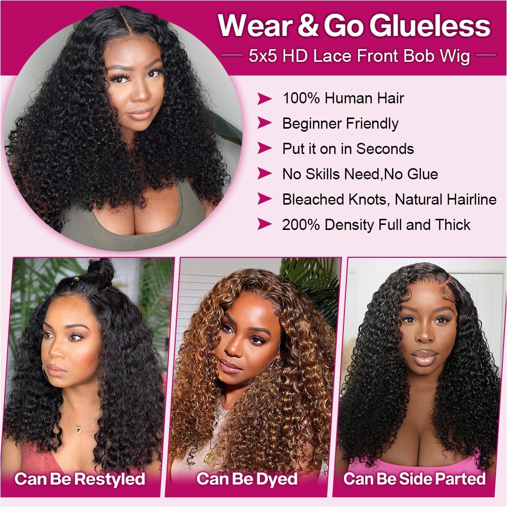 Ailwelia Curly 5x5 Bob Wig For Black Women Wear And Go Glueless Wig Deep Wave Bob Wig Human Hair Glueless Wigs Human Hair Pre Plucked 5x5 Hd Lace Closure Wigs Human Hair 16 Inch