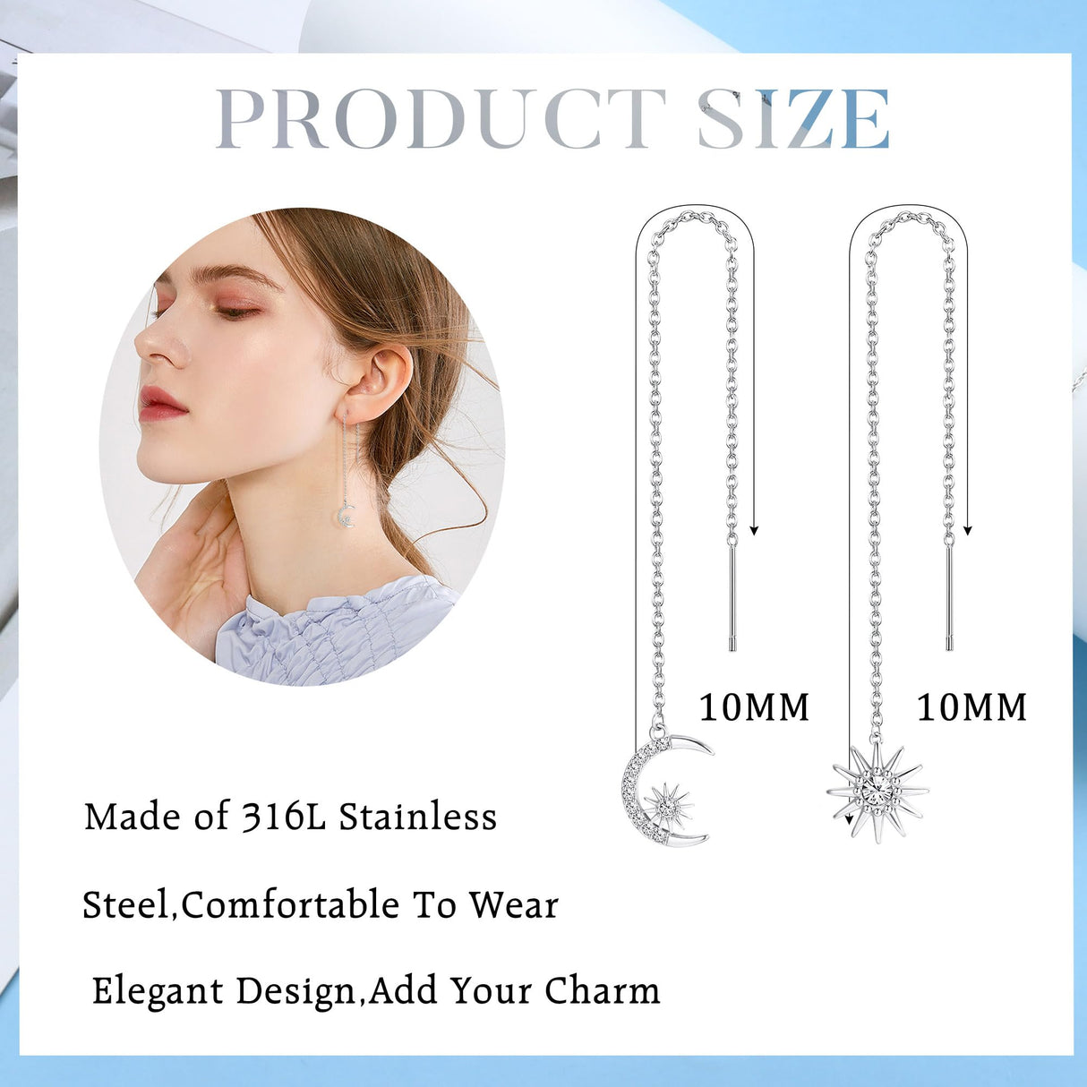 ORAZIO Threader Earrings for Women Stainless Steel Chain Earrings, Silver