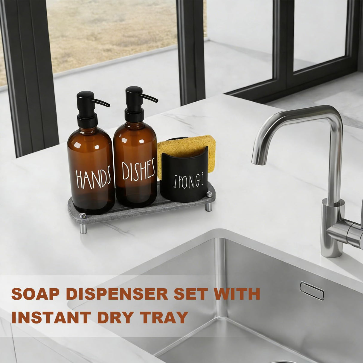 TOLDATLI Hand and Dish Soap Dispenser Set, Kitchen Soap Dispenser Set with Sponge Holder, 16.9oz Amber Glass Dispenser, Waterproof Labels, Instant Dry Tray|Upgrade for Your Kitchen and Bathroom