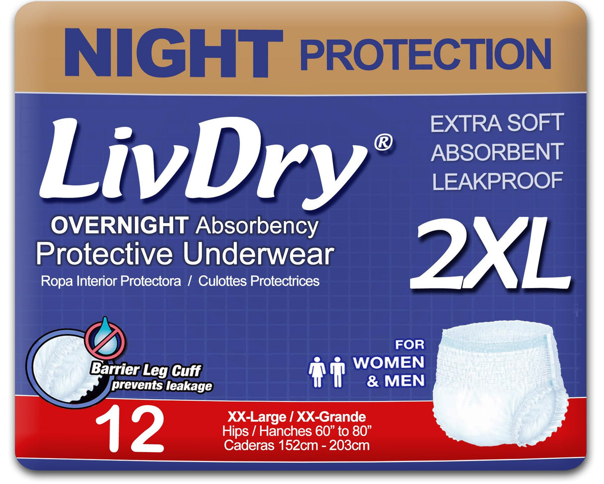 LivDry Adult XXL Incontinence Underwear, Overnight Comfort Absorbency, Leak Protection, XX-Large, 12-Pack