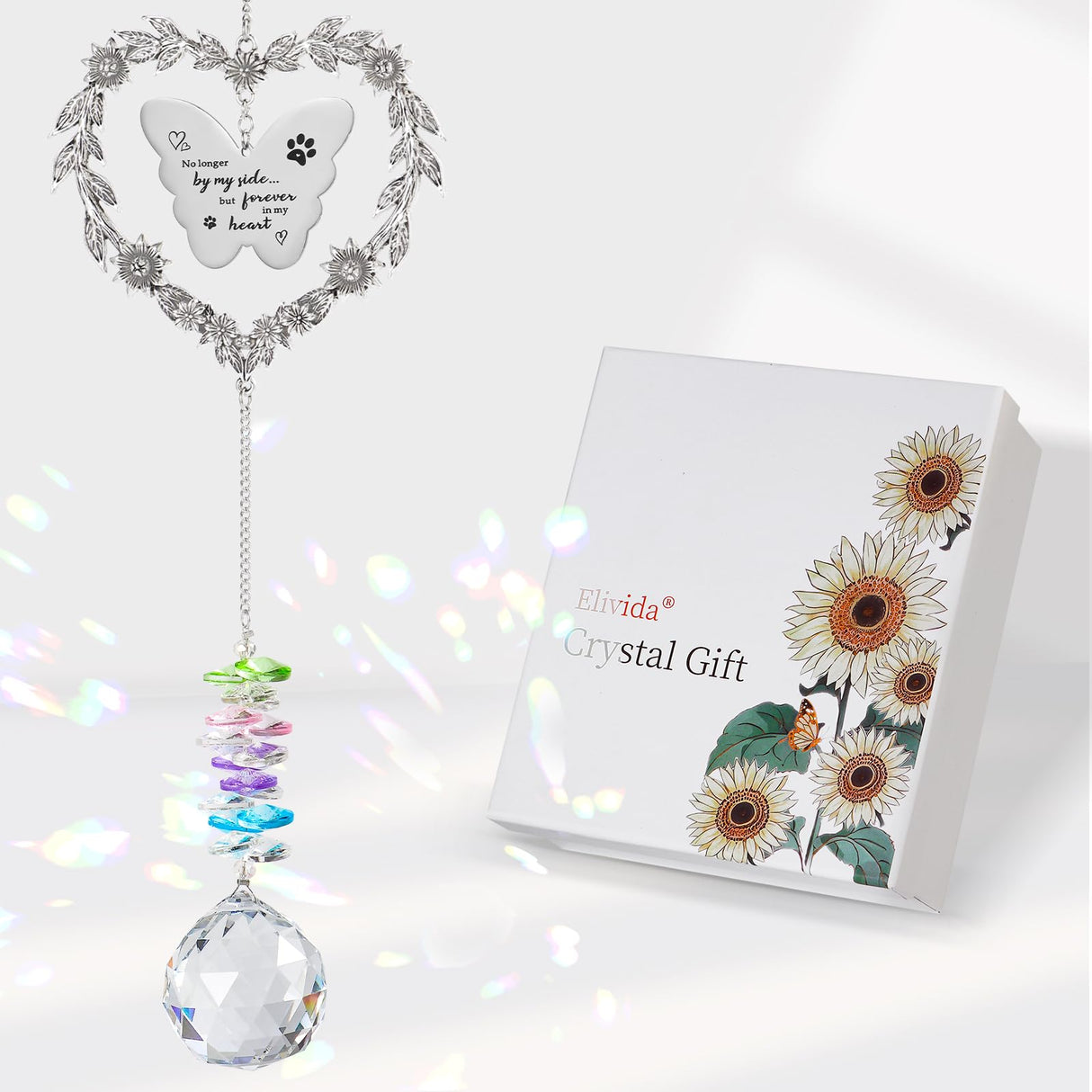 Elivida Dog Memorial Gifts for Loss of Dog, Pet Sympathy Suncatcher with Personalized Words, Cat Death Remembrance Gift for Pet Lovers, Heart Shaped Cat Bereavement Ornament with Sympathy Card
