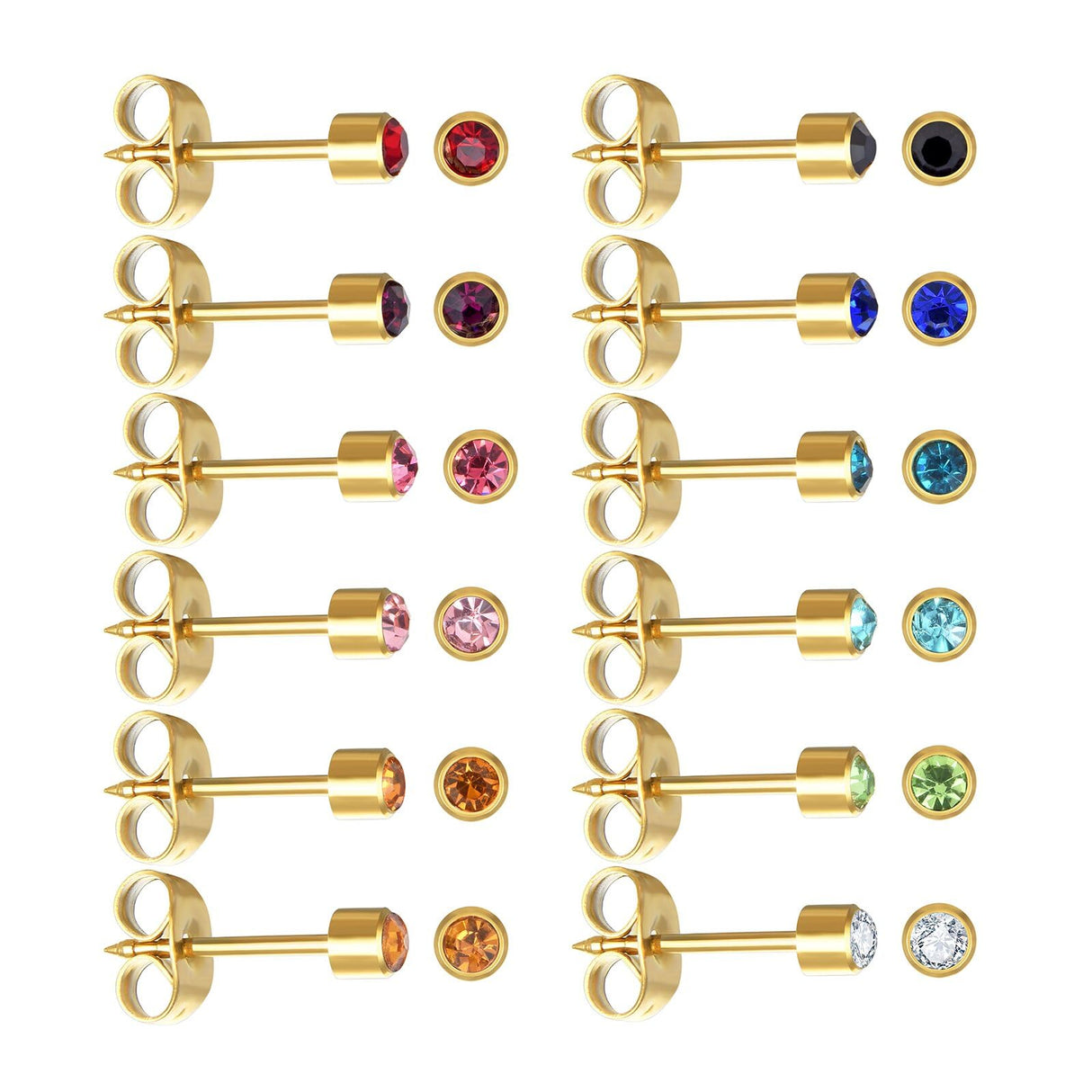 JUSTJANDM 12 Pairs Ear Piercing Stud Earrings for Ear Piercing Guns, Surgical Stainless Steel Multicolor Round Heart Star Cubic Zirconia Birthstone Stud Earrings Set (Gold round 4mm)