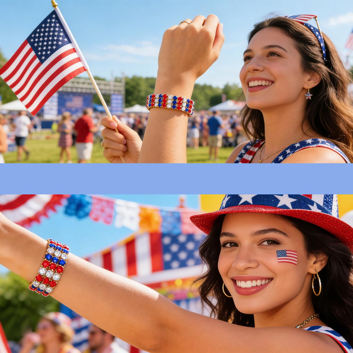 4 th of July Bracelet for Women American Flag Patriotic Bracelet Sparkle Red White Blue Rhinestone Beaded Tennis Bracelet USA Trendy Fashion Jewelry Accessories Gift (red white blue rhinestone bracelet)