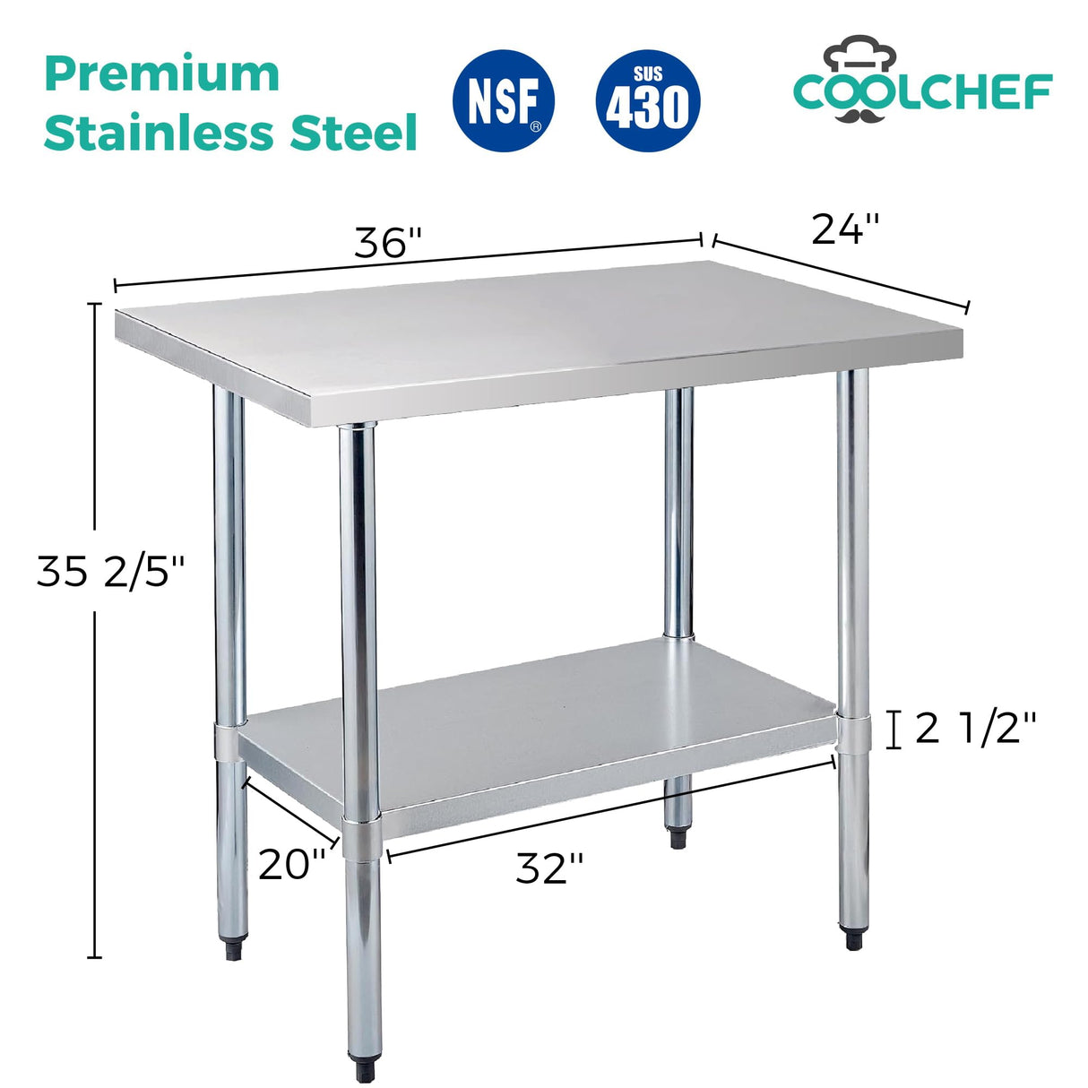 Okeyolive Stainless Steel Work Table 24 x 36 Inch, NSF Commercial Prep Table with Undershelf, Heavy Duty Food Prep Workstation