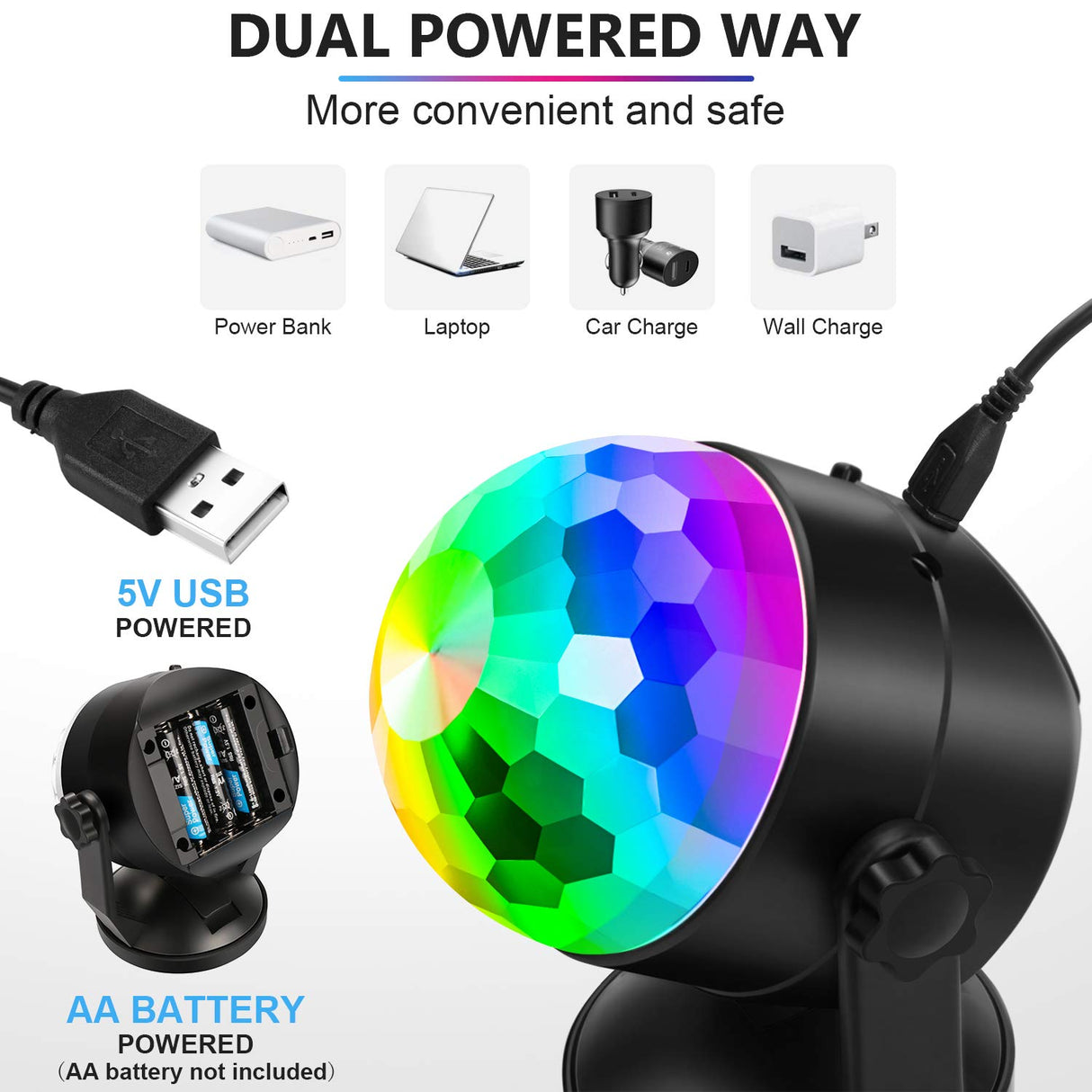 Luditek 2-Pack Portable Sound Activated Party Lights Indoor, Battery Powered/USB Dj Disco Ball Strobe Lights for Car Room, Adults Gifts, New Years Eve Party Supplies 2025 Christmas Decorations