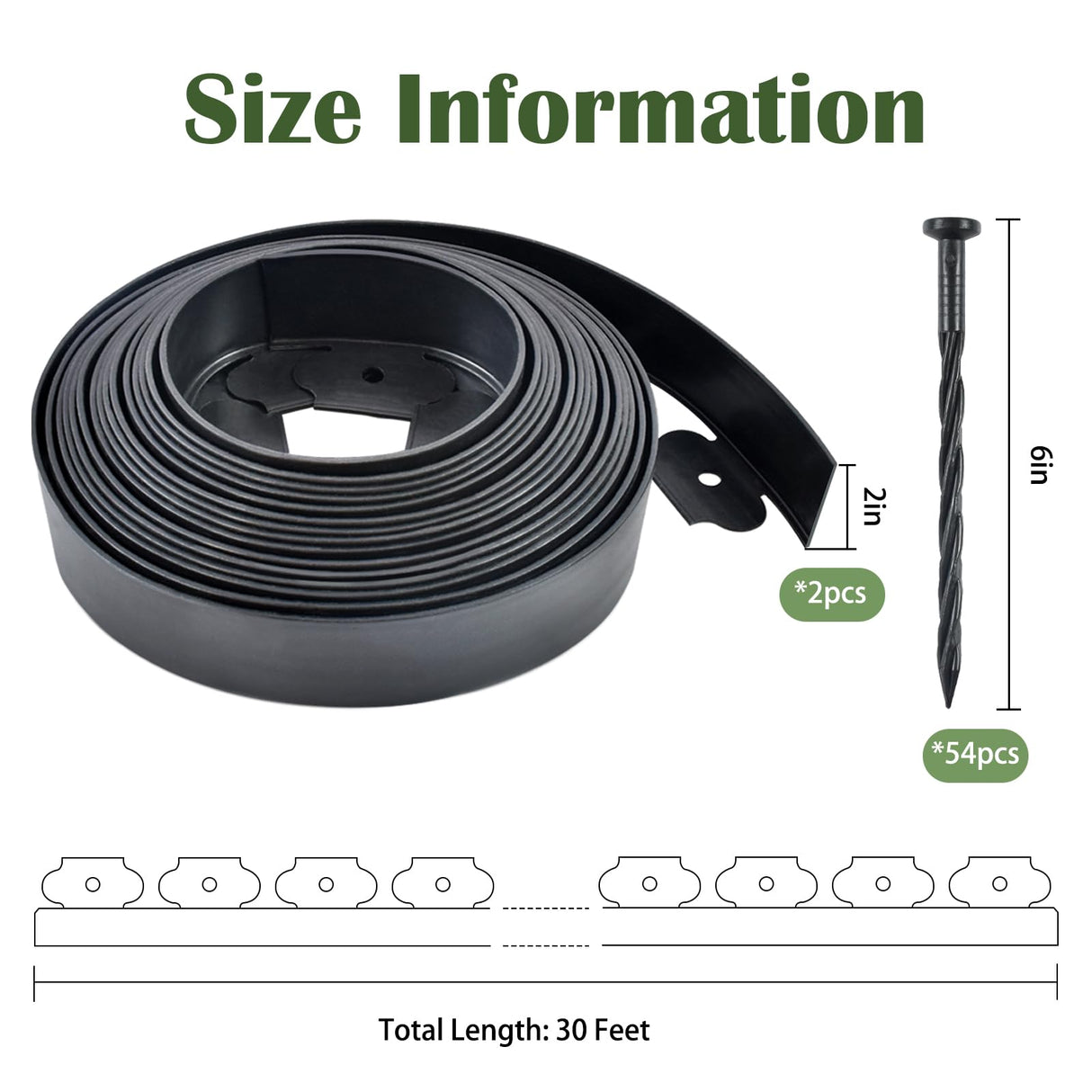 Garden Edging 60ft x 2 Inch Black Landscape Edging, 54 Spikes for Lawn 2 Inch Tall