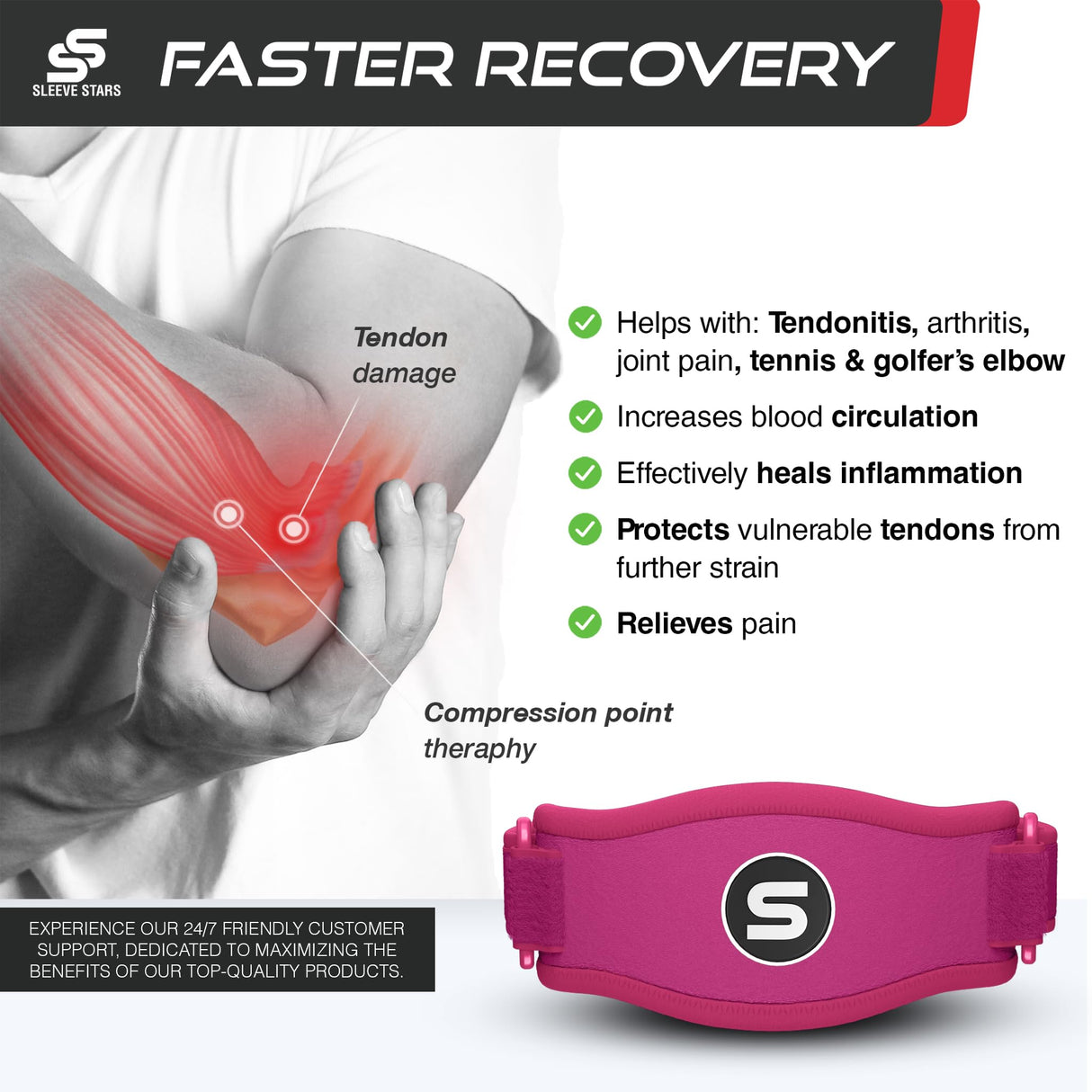 Sleeve Stars Tennis Elbow Brace for Men & Women, Tendonitis Elbow Brace & Strap Golfers Elbow Brace Counterforce Band for Tendon Pain Relief & Support for Forearm w/ 3 Straps Fits 9-23" (Single) (1, Hot Pink, One Size)