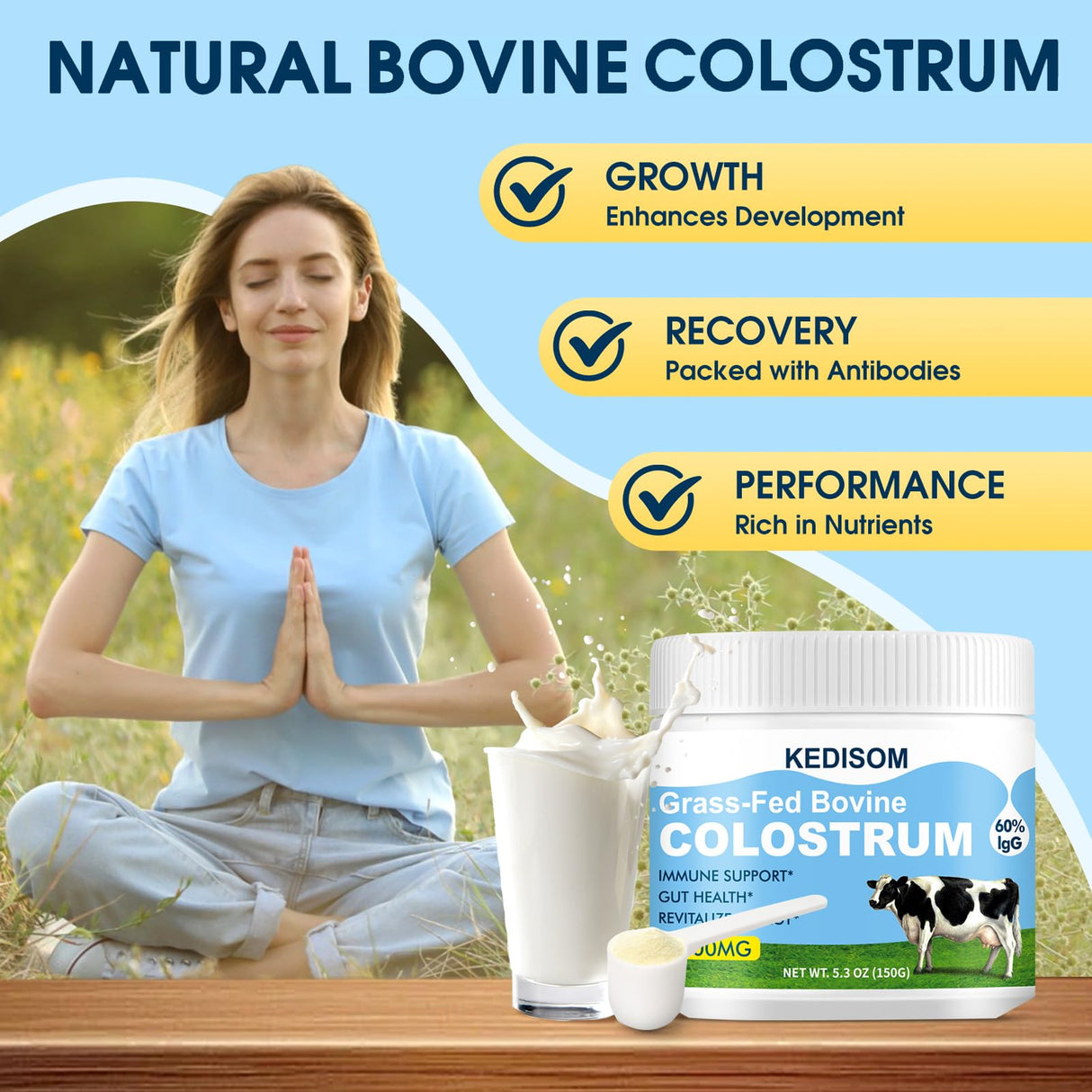 KEDISOM Grass-Fed Bovine Colostrum Supplement Powder - 60% High IgG 3000 mg for Gut Health, Immune Support - Easy to Mix Natural Liposomal Colostrum Superfood, Unflavored, 50 Servings
