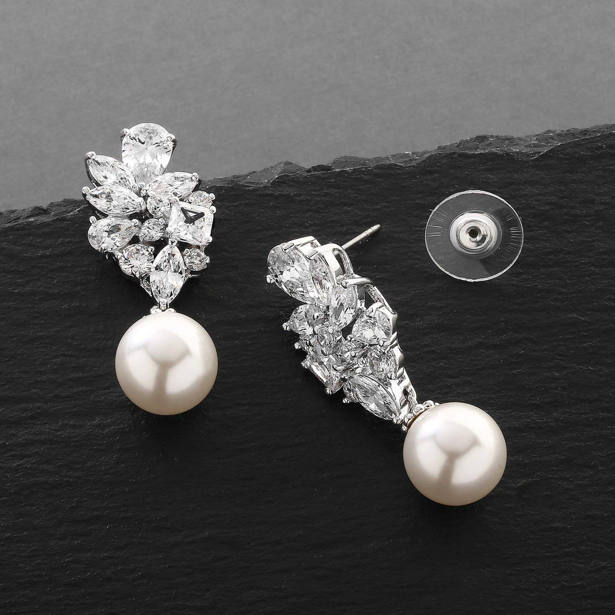 Mariell Pearl Drop & Dangle Bridal Earrings with CZ Crystal Cluster, Statement Jewelry for Bride, Mother of the Bride