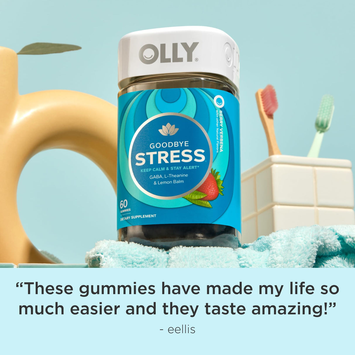 OLLY Goodbye Stress Gummy, GABA, L-Theanine, Lemon Balm, Stress Relief Supplement, Berry - 60 Count