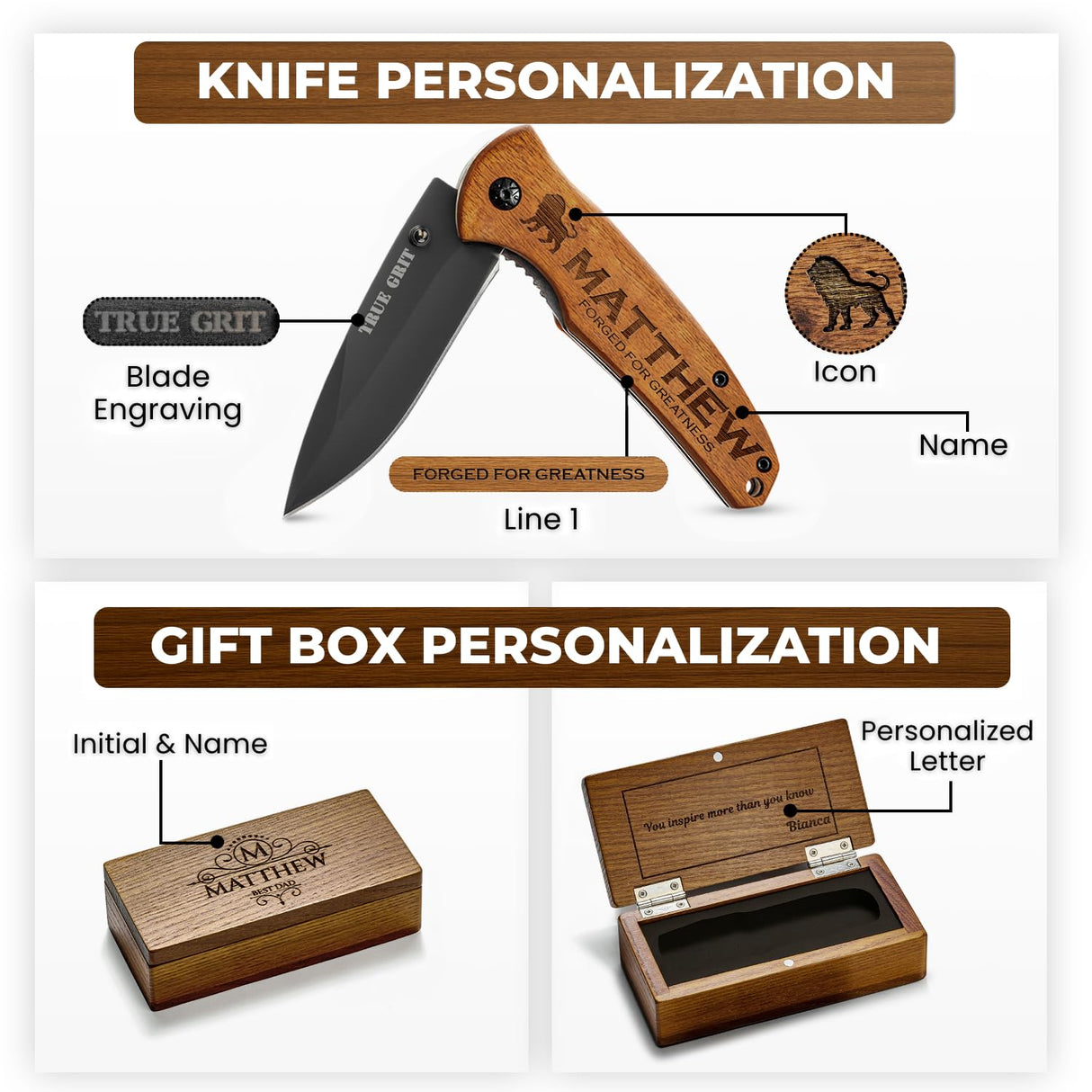 GIFTS TO ENGRAVE Custom Pocket Knife for Men, Personalized Fathers Day Gift, Engraved Hunting Knife, Wood Handle, Groomsmen & Best Man Gift