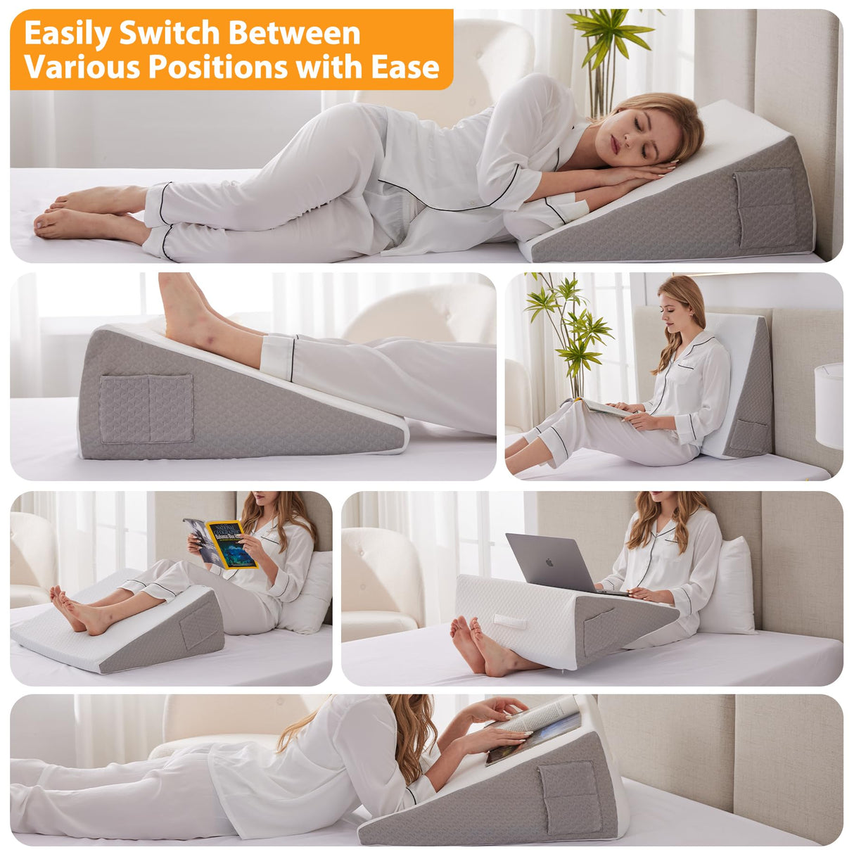 Ruqmuis Wedge Pillow for Sleeping, 12" Bed Wedge Pillow for Headboard, Triangle Incline Wedges for Acid Reflux, Pillows Wedge for Back Pain Relief, Elevated Leg Pillows After Surgery, Snoring, White