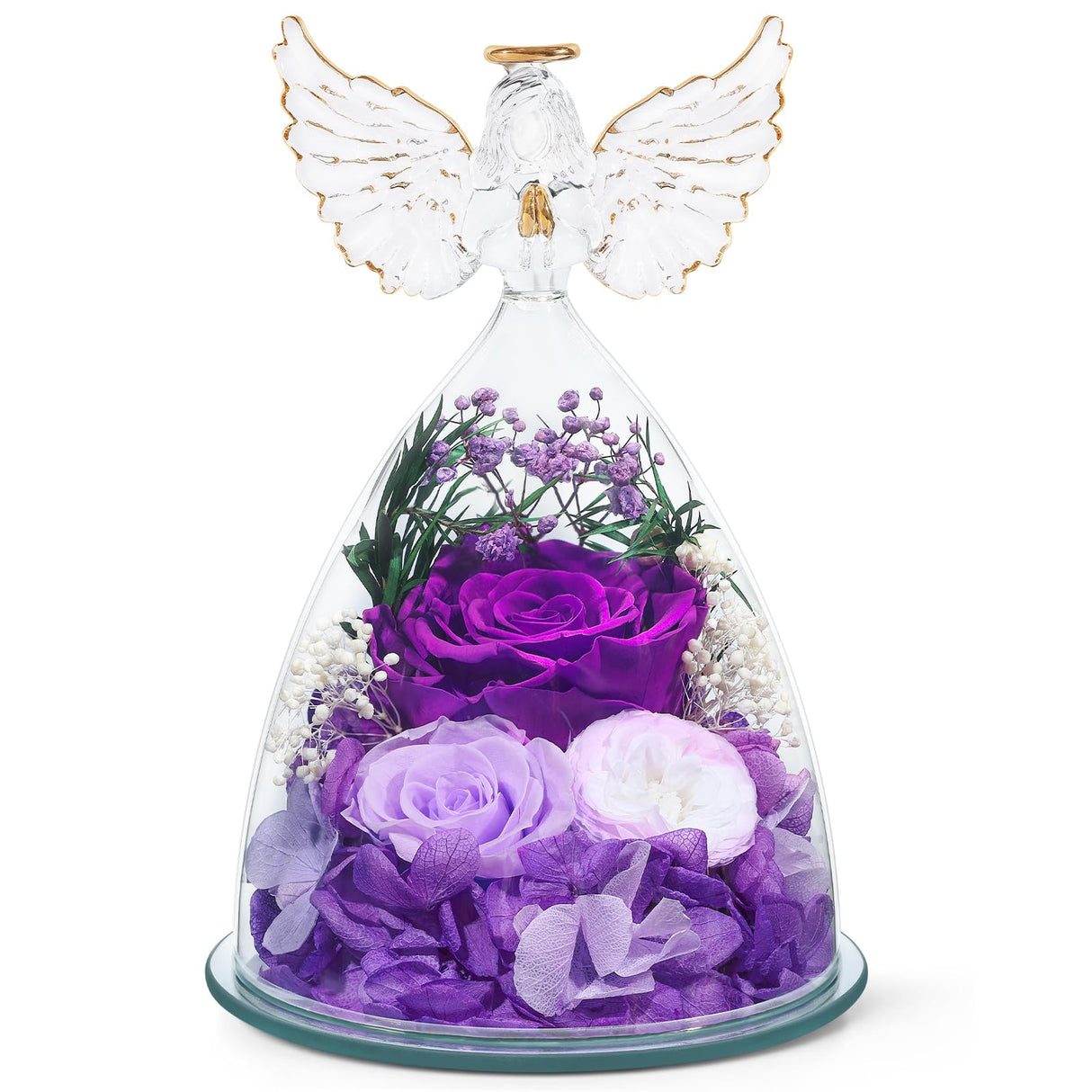 FIACO Gifts for Women Mom Preserved Rose Forever Flower in Glass Angel Figurine Fresh Flowers for Delivery Birthday Gifts for Grandma Wife Sister Christmas Anniversary Eternal Purple Roses