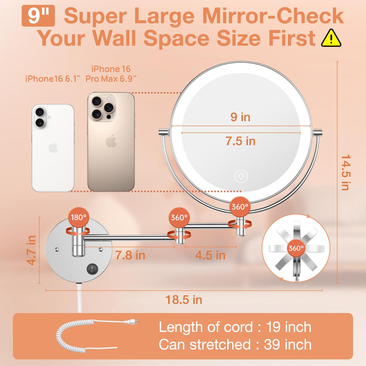 Benbilry 9" Large Wall Mounted Lighted Makeup Mirror, 1X/10X Magnifying Double-Sided AC Powered Bathroom Mirror with 3 Color Lights, Touch Dimmable, Extended Arm 360 Rotation