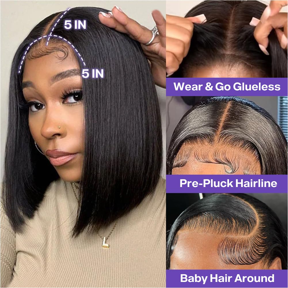 Ailwelia Wear and Go Glueless Wig Bob Wig Human Hair 200% Density 5x5 HD Lace Closure Wigs Human Hair Wigs For Black Women Glueless 5x5 Closure Wigs Human Hair Pre Plucked Bob 14 Inch
