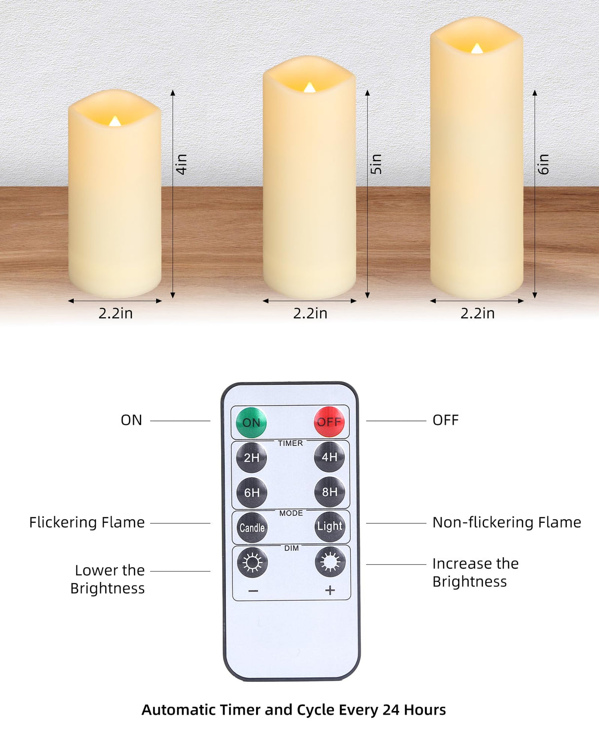 Enido Flameless Candles Led Candles Pack of 12 Battery Candles (D2.15'' x H4''5''6'') Waterproof Outdoor Indoor Candles with 10-Key Remotes and Cycling 24 Hours Timer (Plastic)